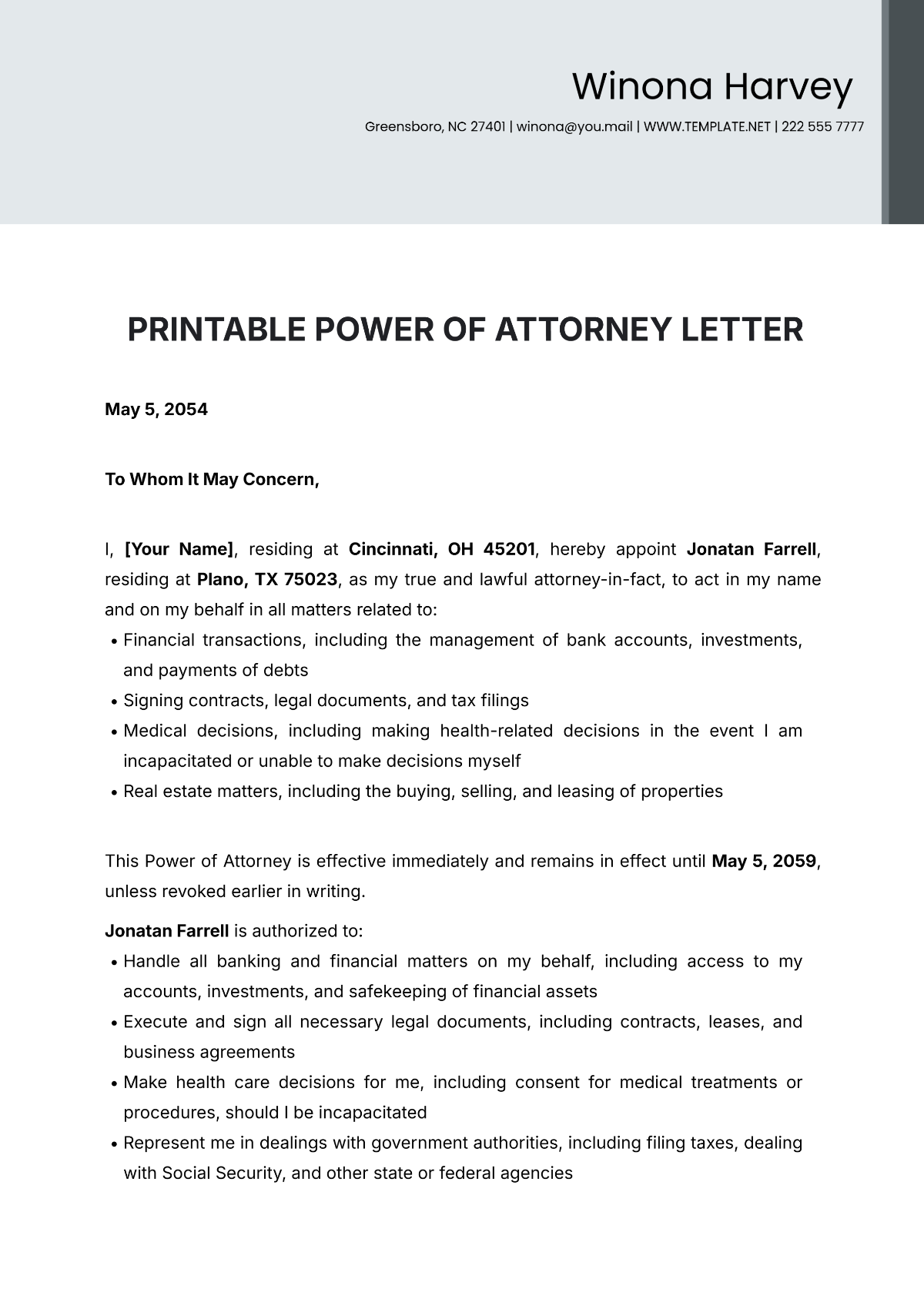 Printable Power of Attorney Letter Template - Edit Online & Download