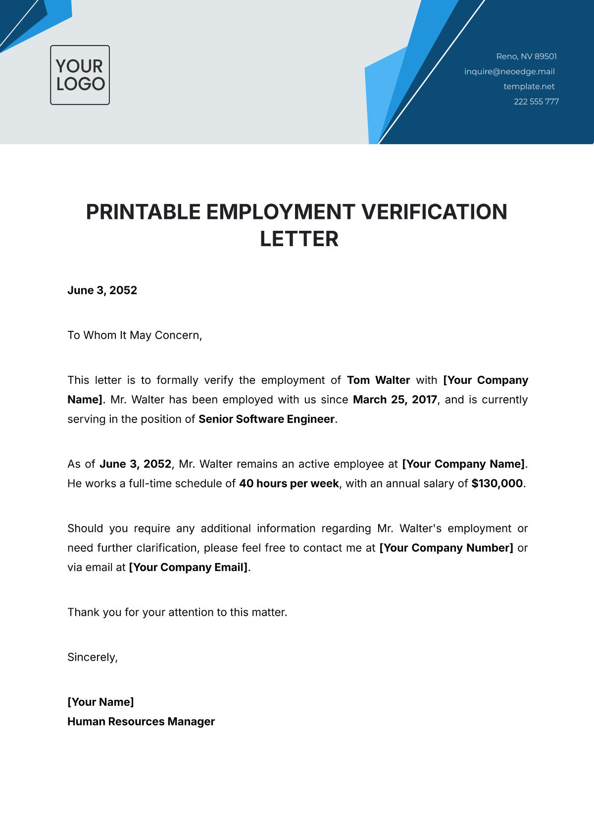 Printable Employment Verification Letter Template - Edit Online & Download