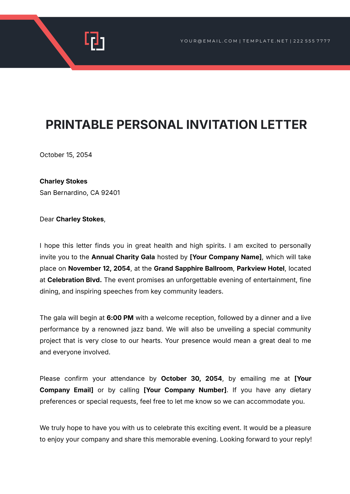 Printable Personal Invitation Letter Template - Edit Online & Download