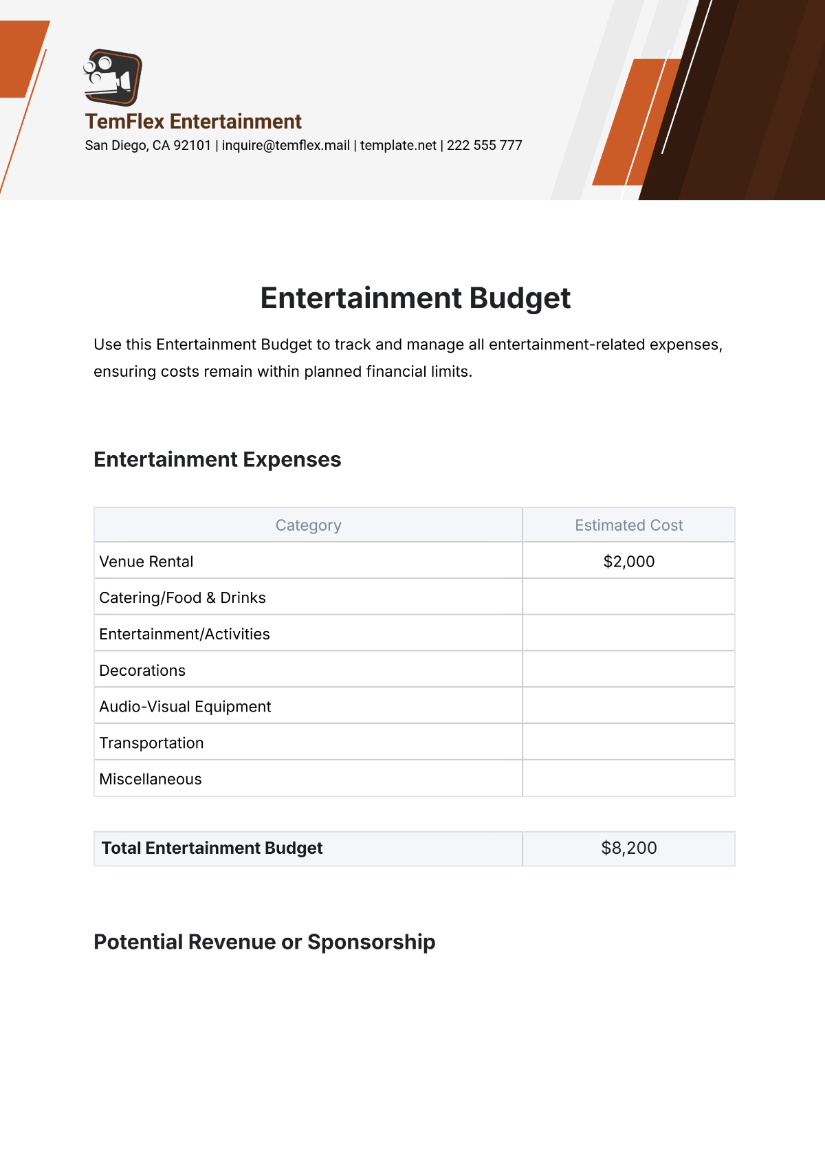 Free Entertainment Budget Template