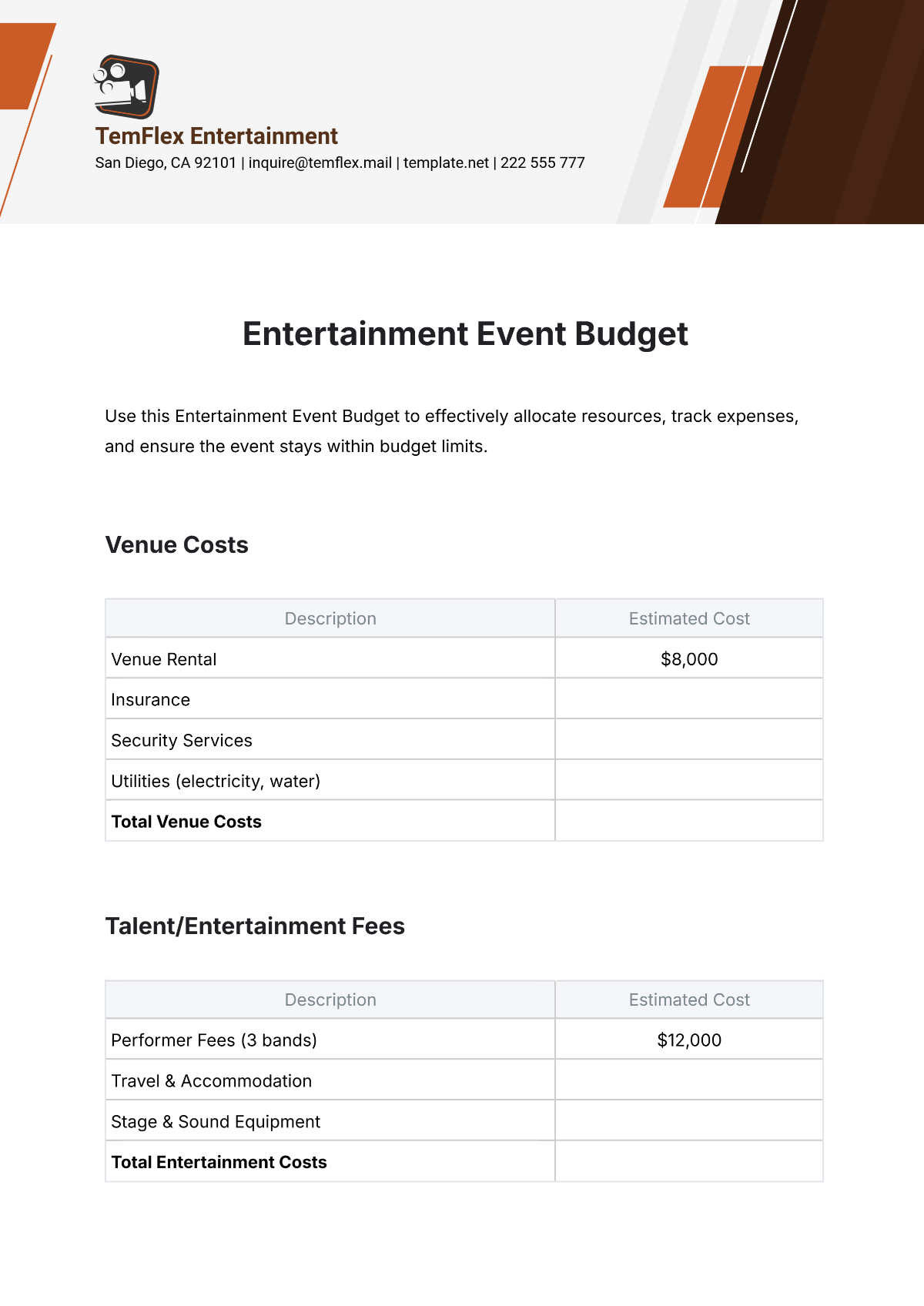 Entertainment Event Budget Template - Edit Online & Download