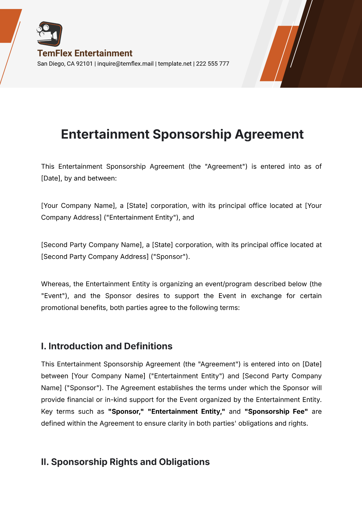 Free Entertainment Sponsorship Agreement Template