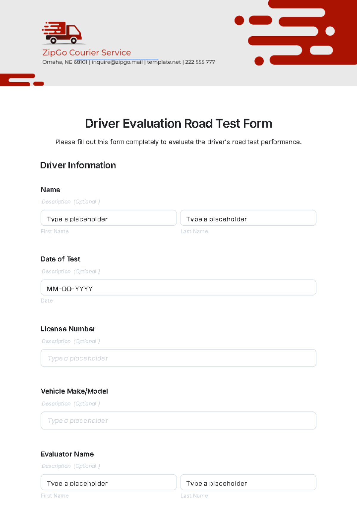 Driver Evaluation Road Test Form Template - Edit Online & Download