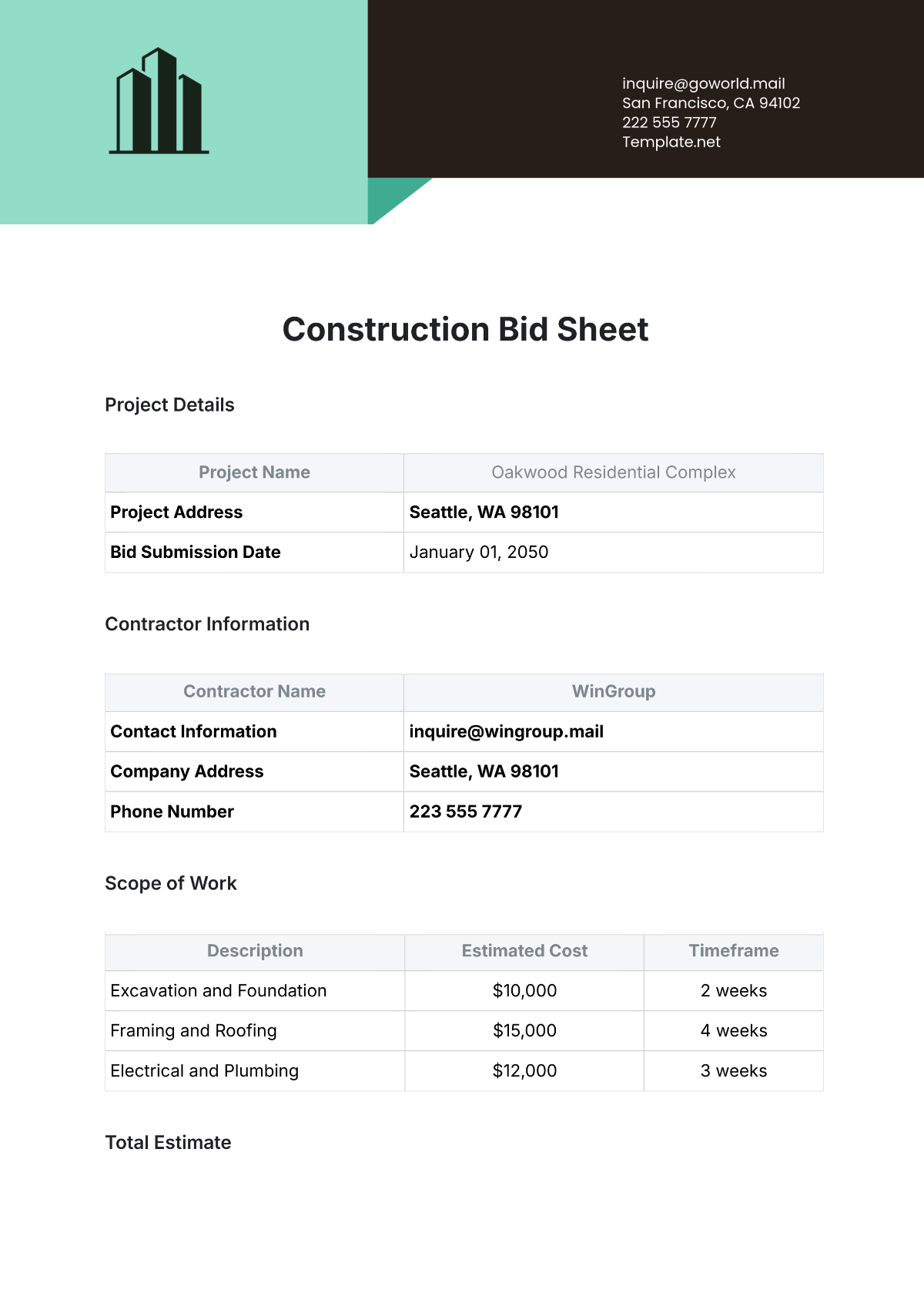 Free Construction Bid Sheet Template Edit Online Download