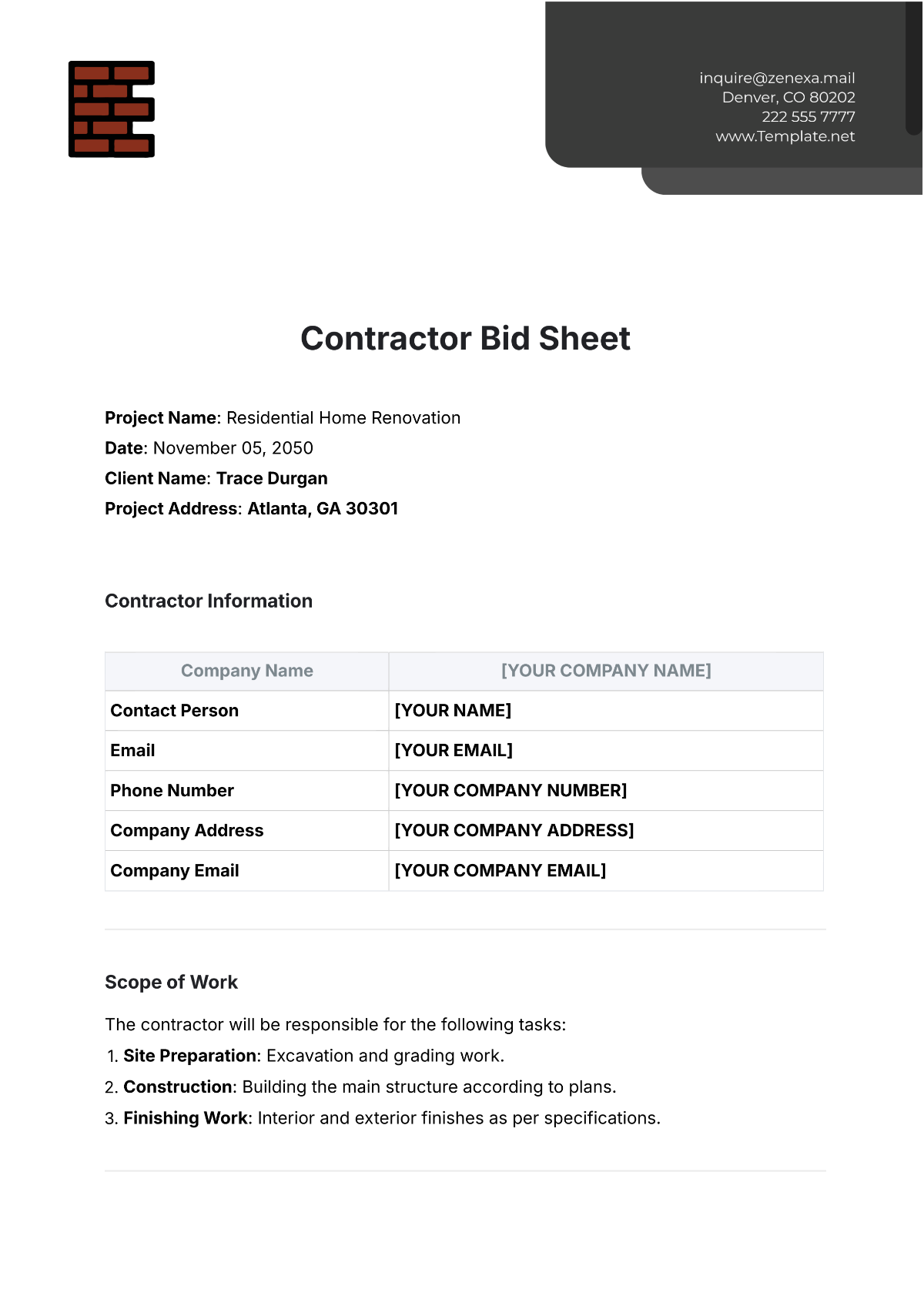 Contractor Bid Sheet Template - Edit Online & Download