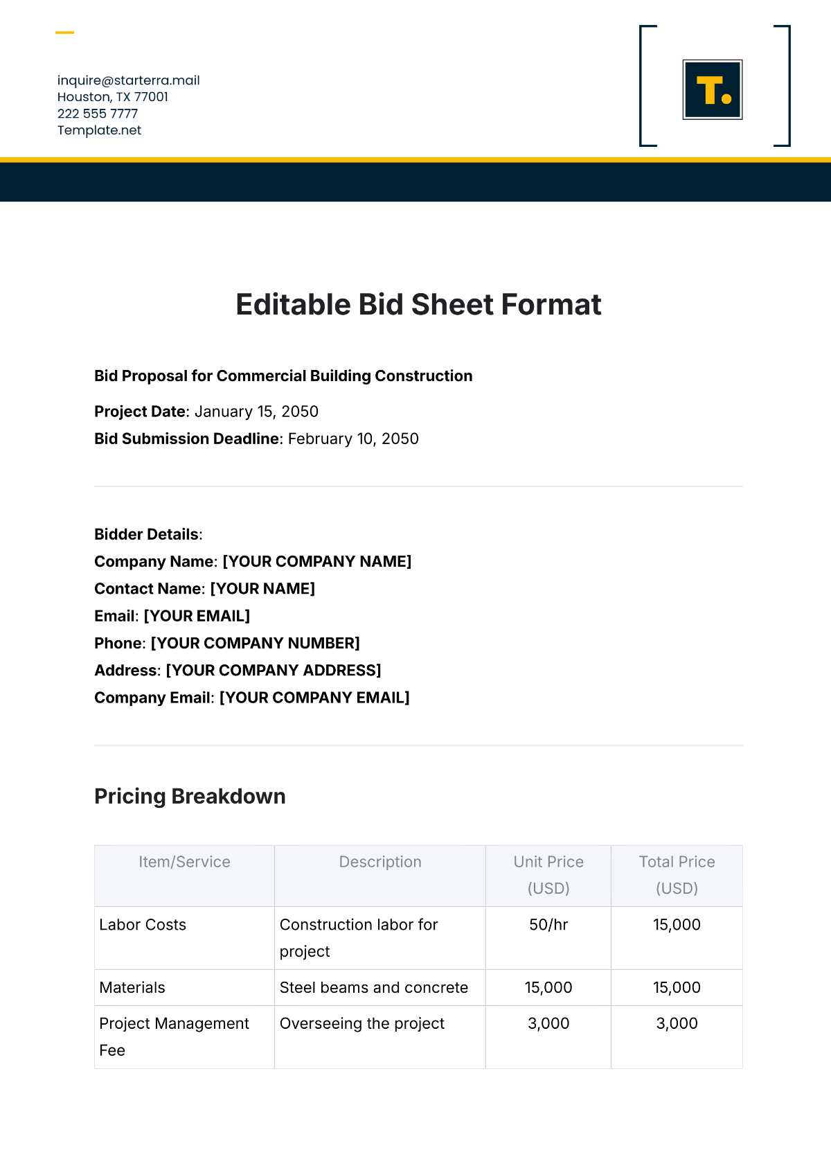 Editable Bid Sheet Format Template - Edit Online & Download