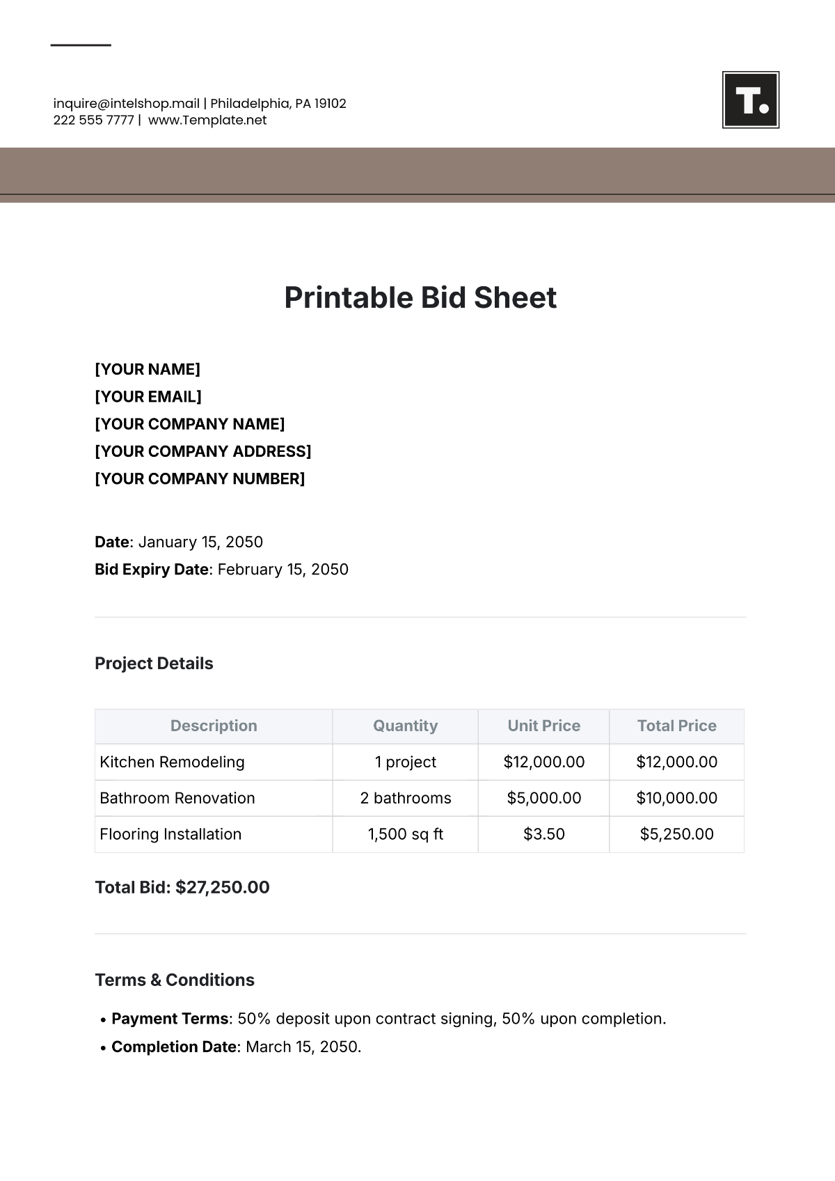 Printable Bid Sheet Template - Edit Online & Download