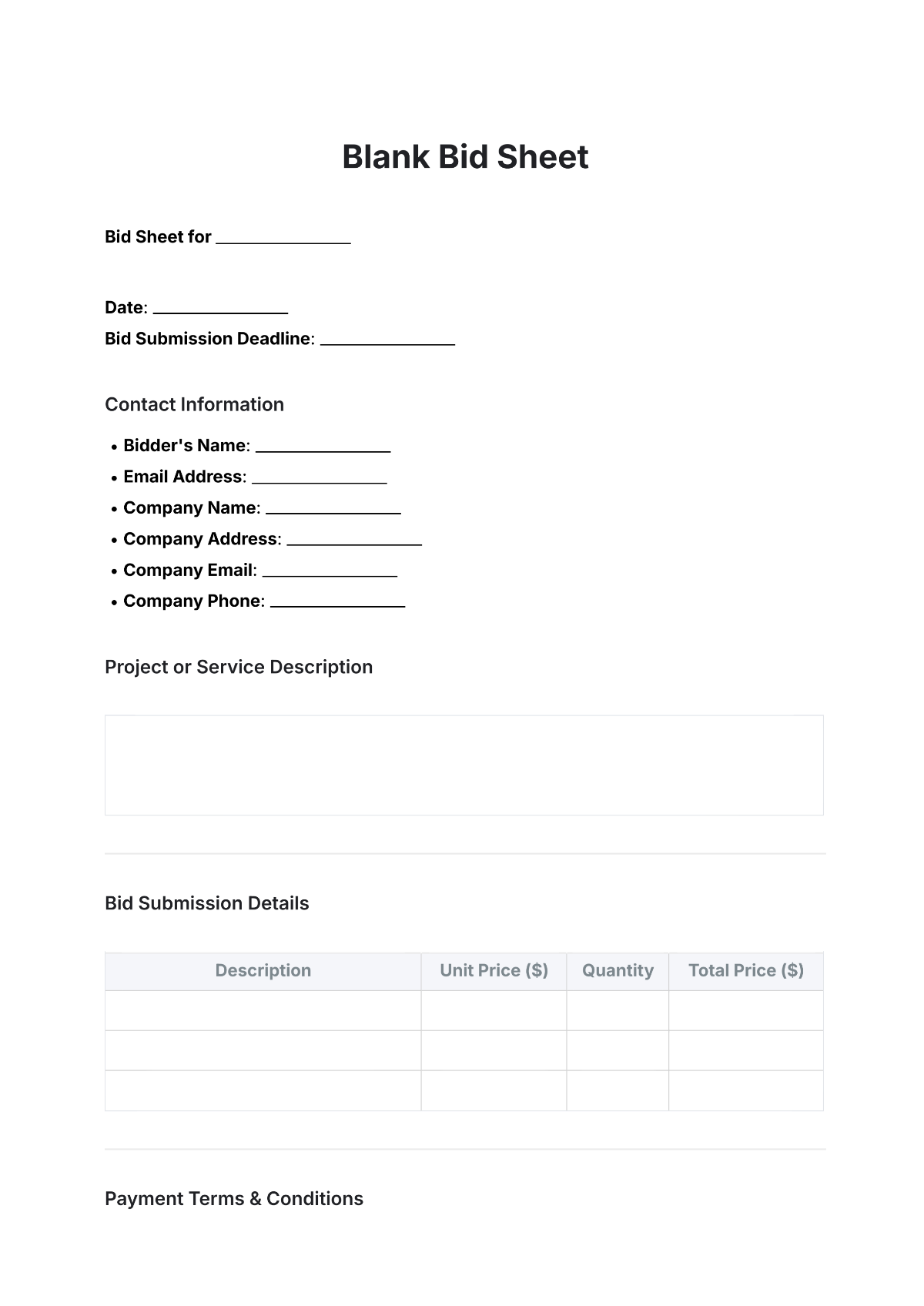 Blank Bid Sheet Template - Edit Online & Download