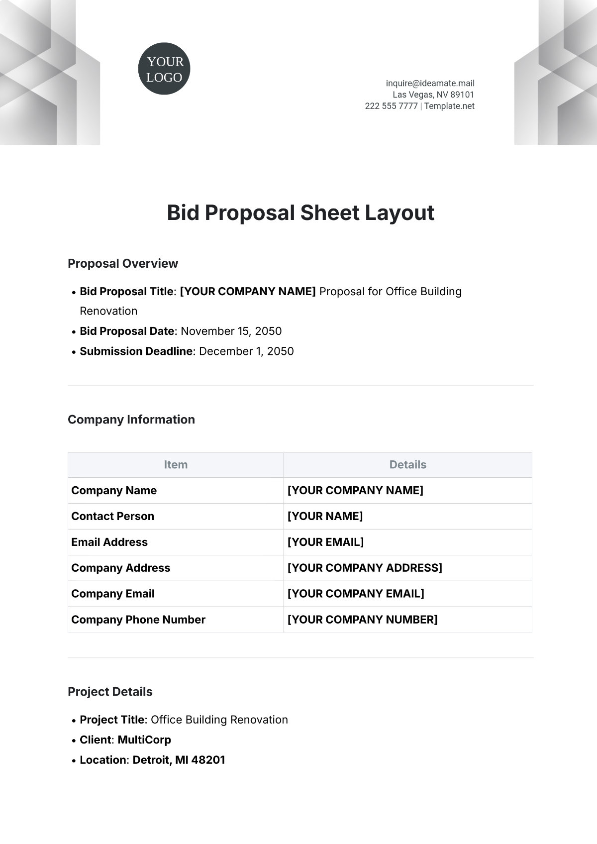 Bid Proposal Sheet Layout Template | Template.net