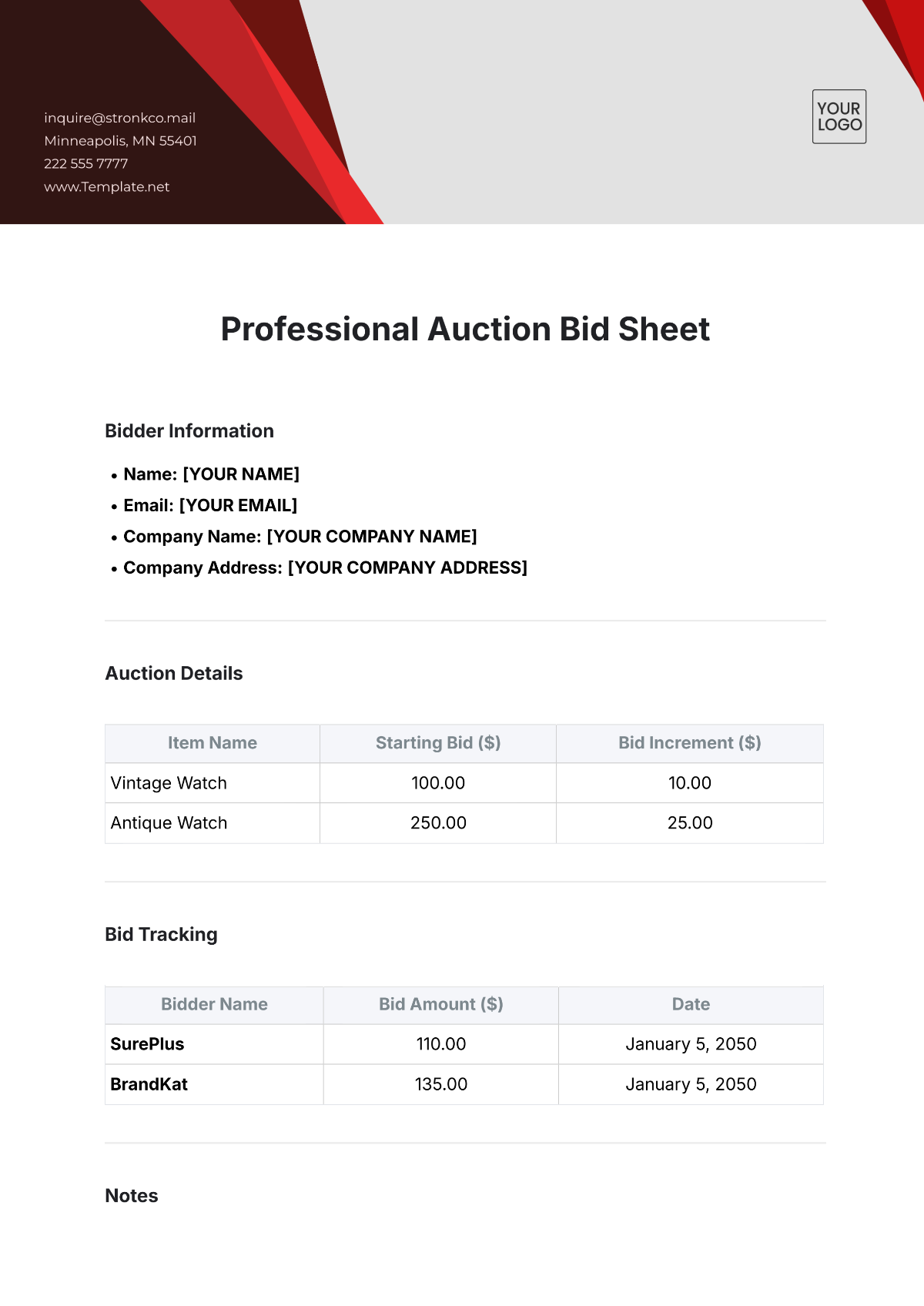 Professional Auction Bid Sheet Template - Edit Online & Download