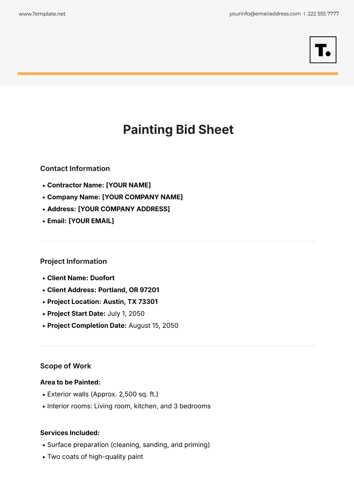 Painting Bid Sheet Template - Edit Online & Download