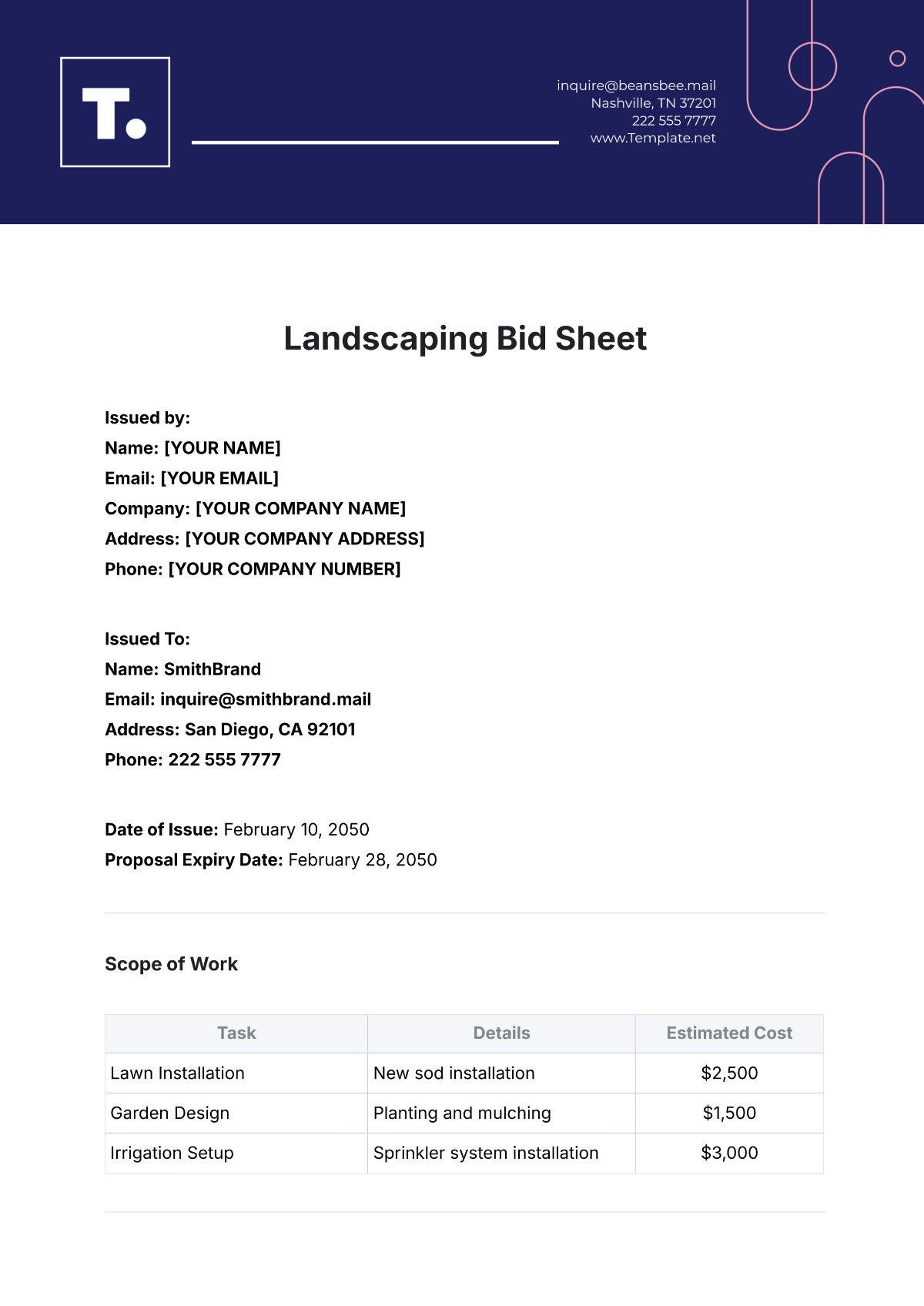 Landscaping Bid Sheet Template - Edit Online & Download