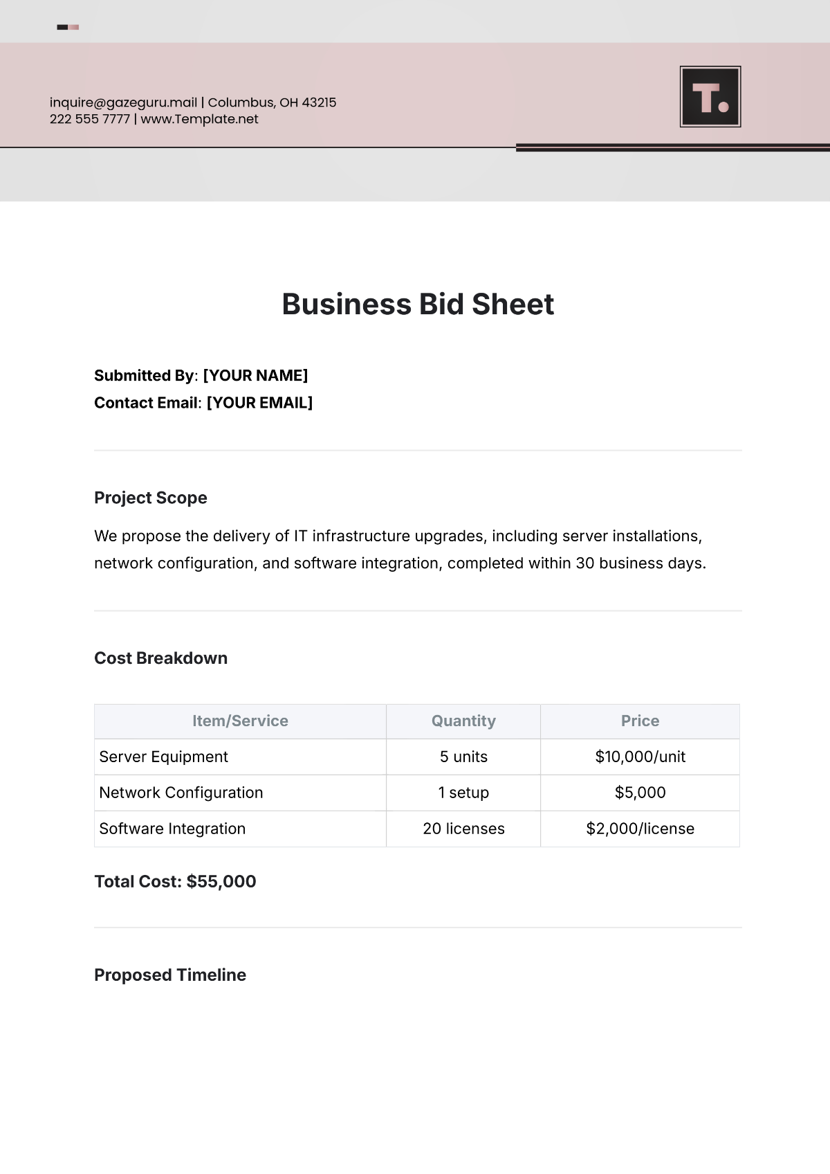 Business Bid Sheet Template - Edit Online & Download