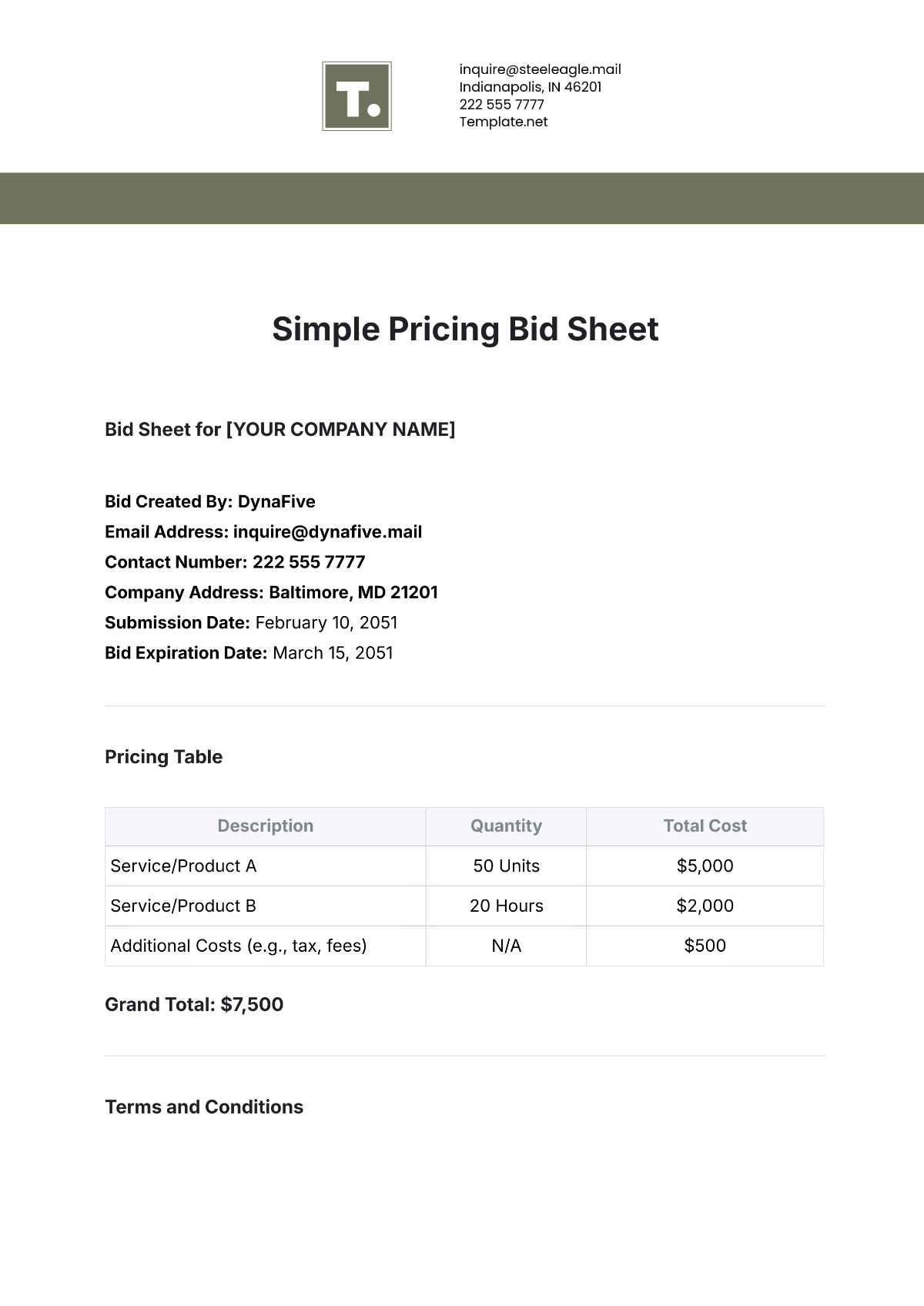 Simple Pricing Bid Sheet Template - Edit Online & Download