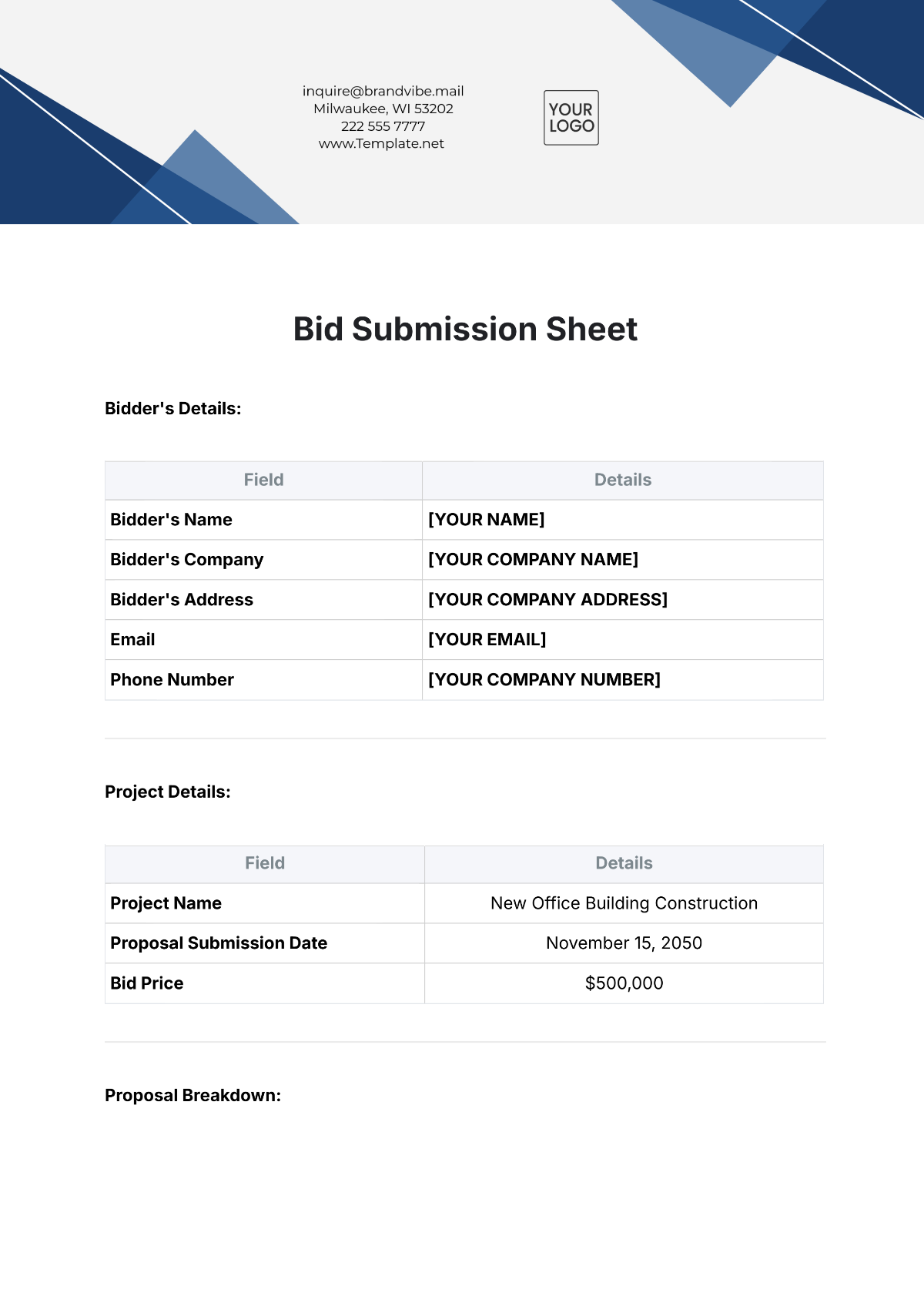 Bid Submission Sheet Template - Edit Online & Download