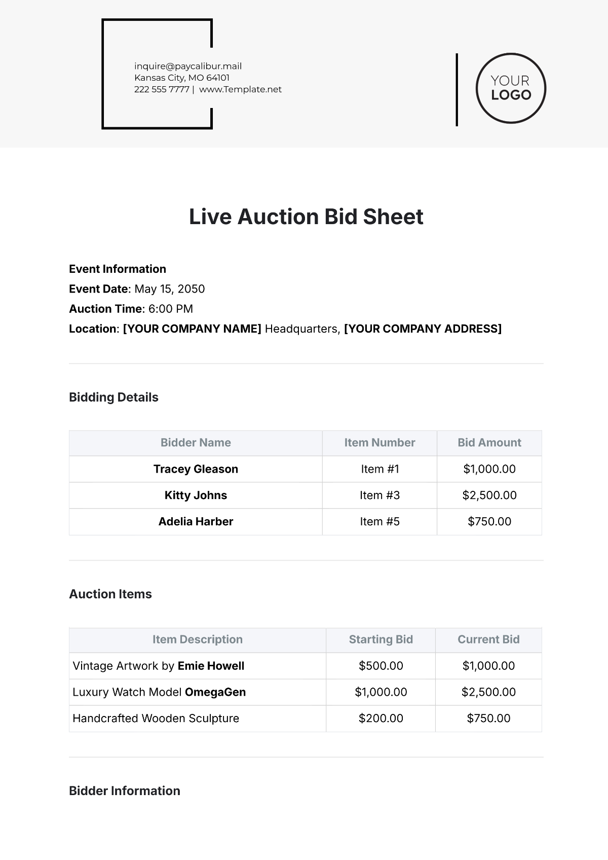 Live Auction Bid Sheet Template - Edit Online & Download