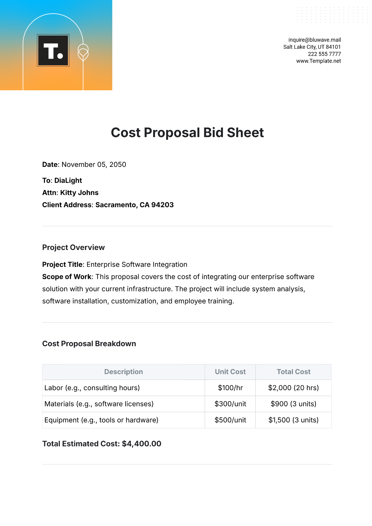 Cost Proposal Bid Sheet Template - Edit Online & Download