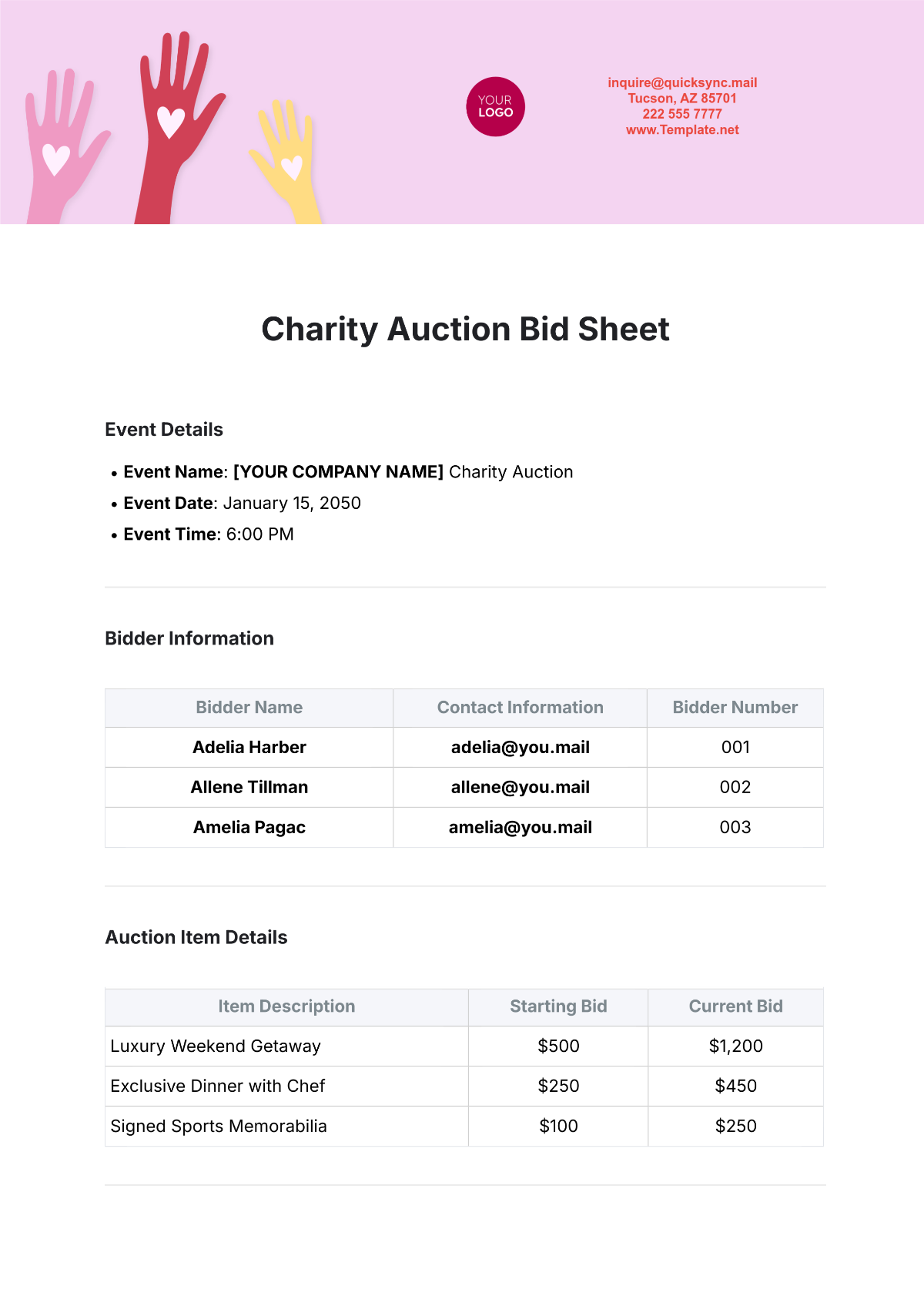 Charity Auction Bid Sheet Template - Edit Online & Download