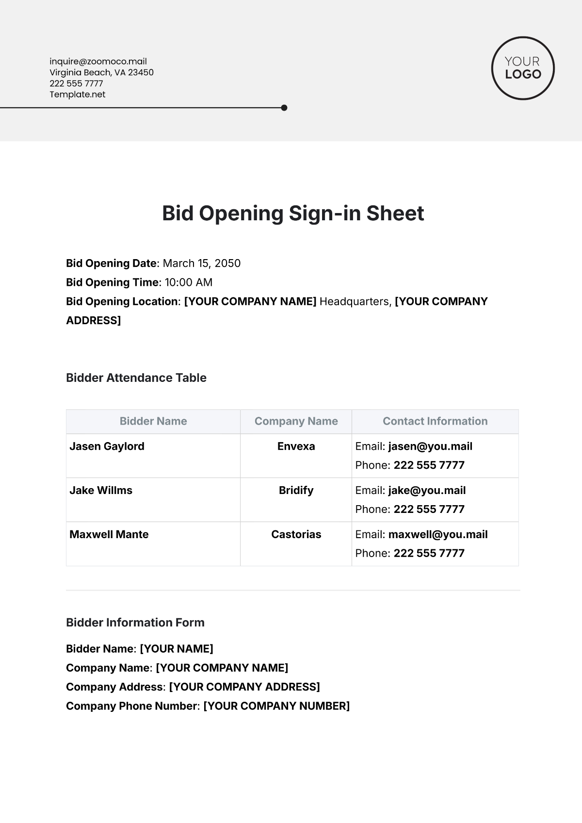 Bid Opening Sign-in Sheet Template - Edit Online & Download