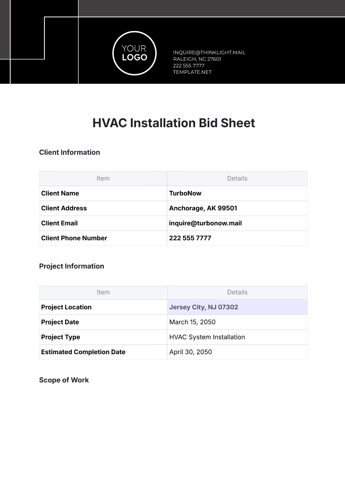 HVAC Installation Bid Sheet Template - Edit Online & Download