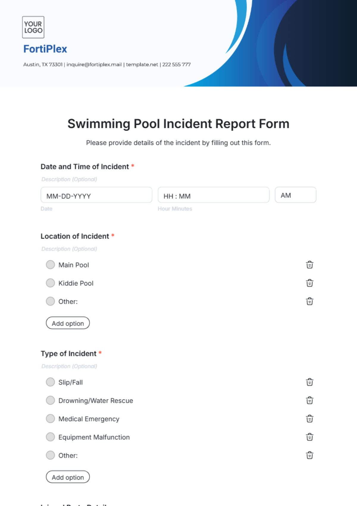 Swimming Pool Incident Report Form Template - Edit Online & Download