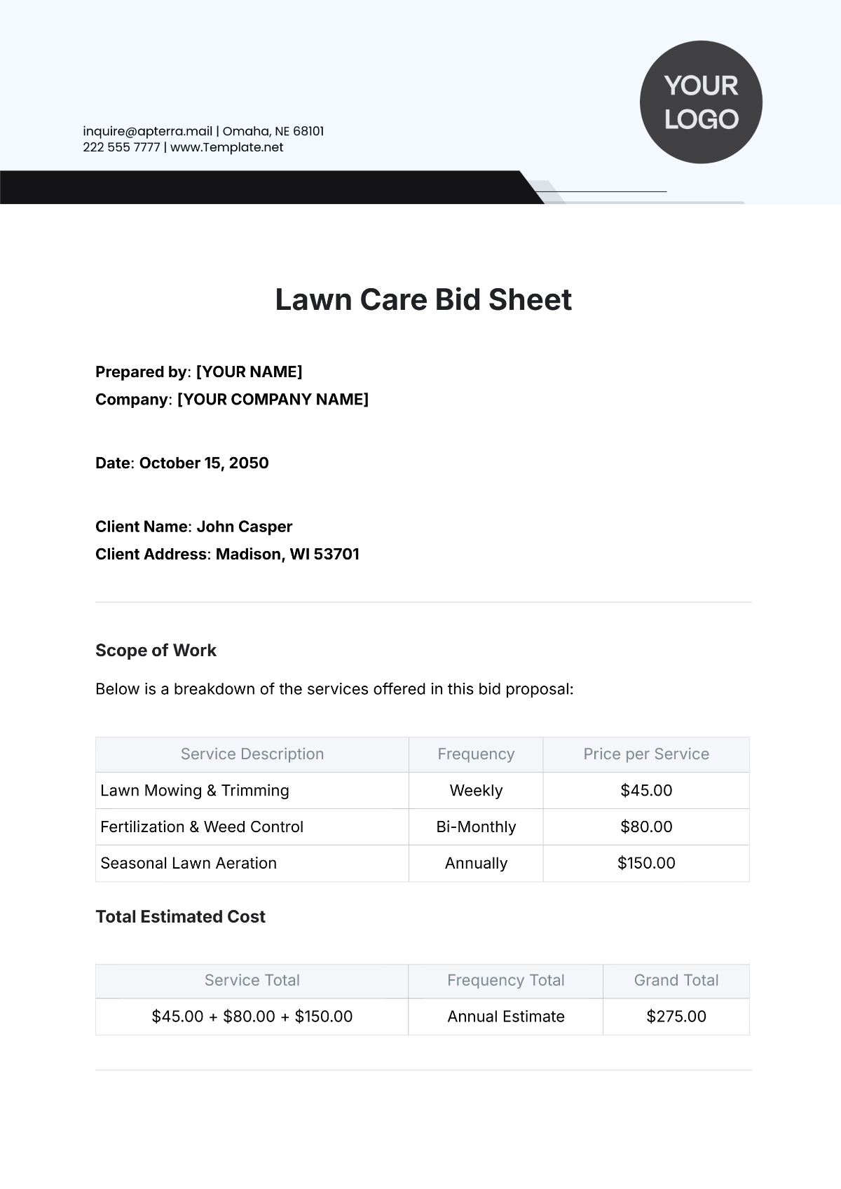 Lawn Care Bid Sheet Template - Edit Online & Download