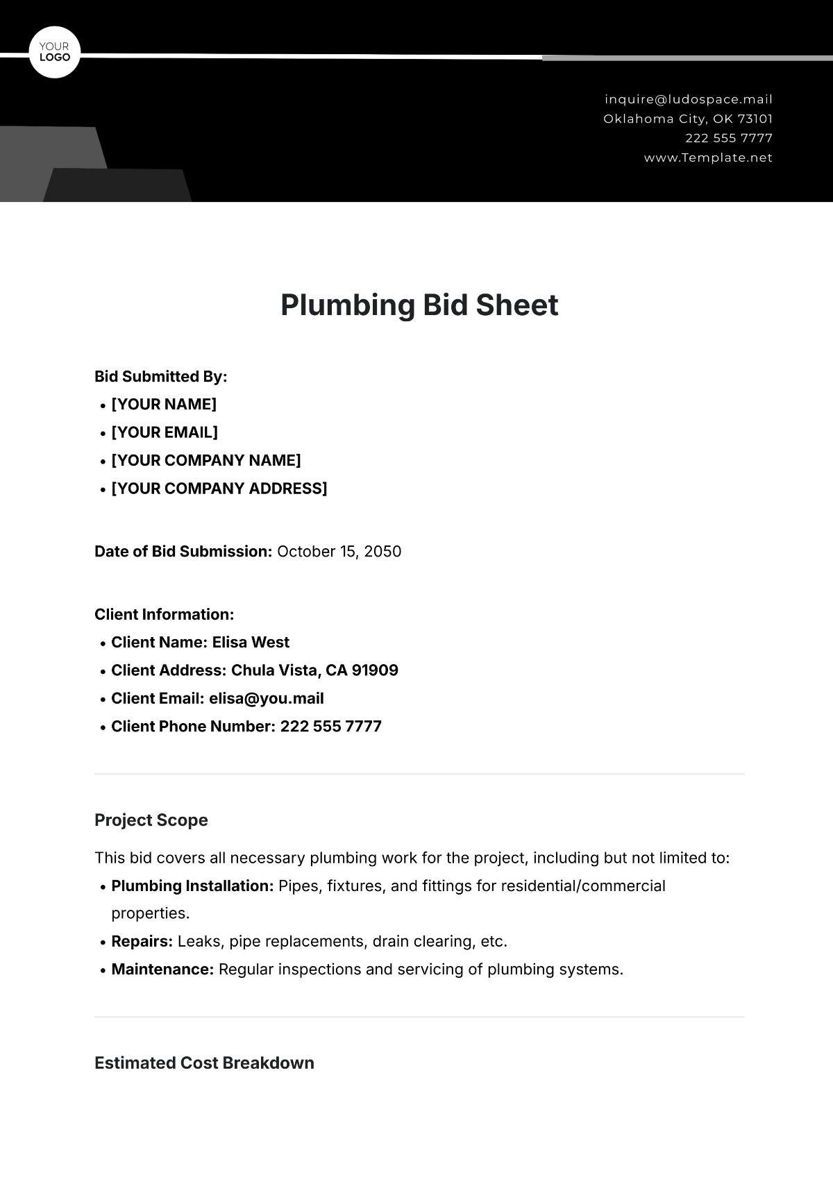 Plumbing Bid Sheet Template - Edit Online & Download