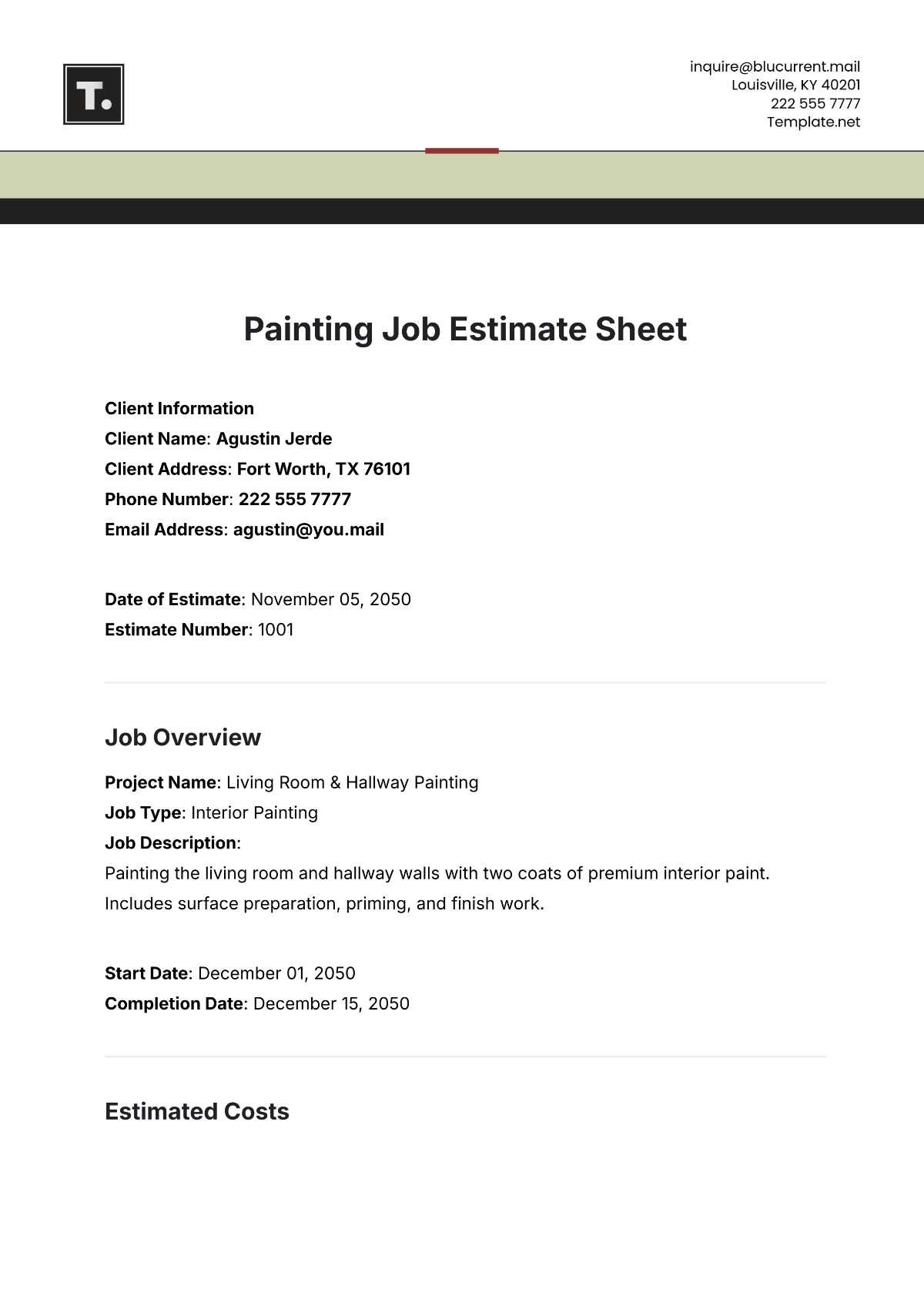 Painting Job Estimate Sheet Template - Edit Online & Download