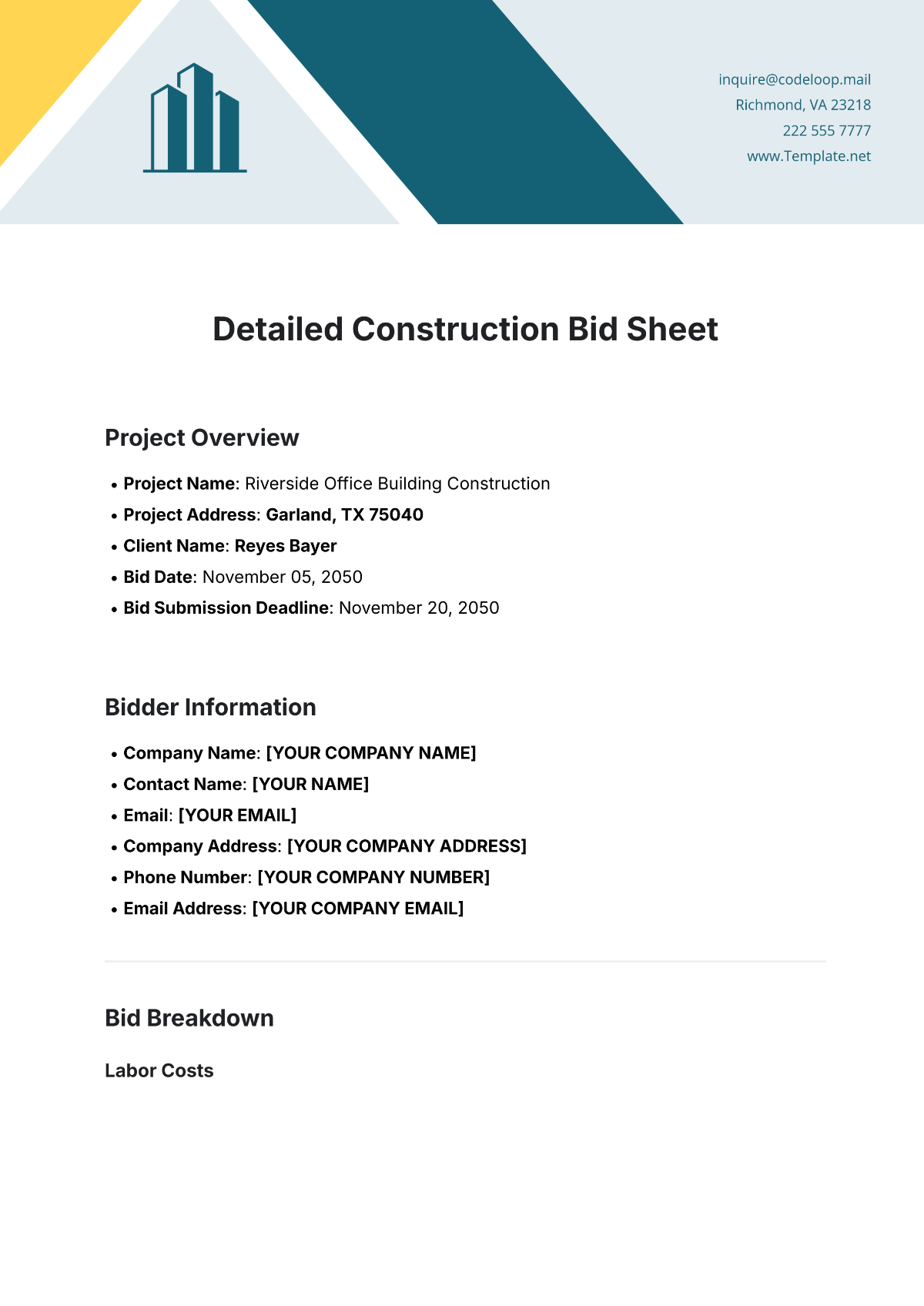 Detailed Construction Bid Sheet Template - Edit Online & Download