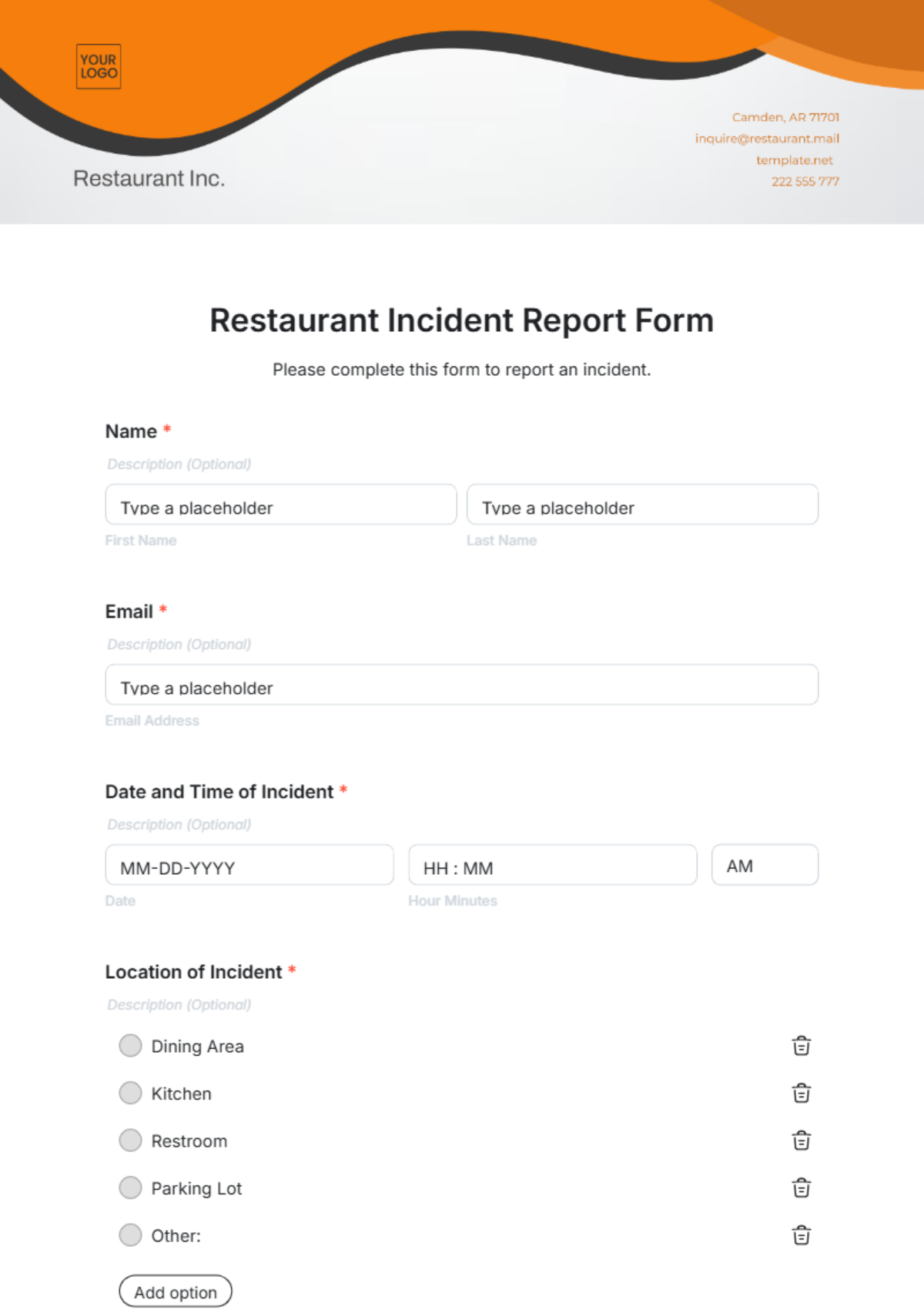 Restaurant Incident Report Form Template - Edit Online & Download