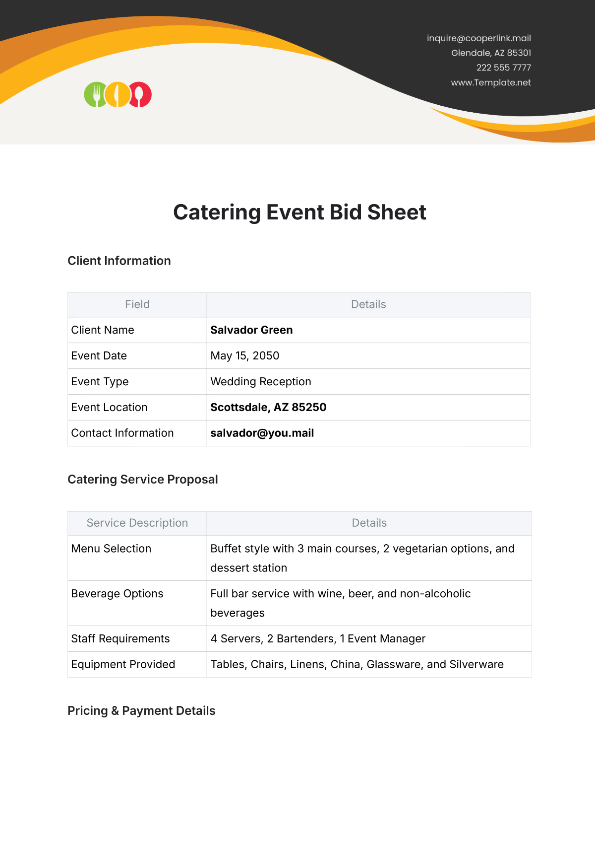 Catering Event Bid Sheet Template - Edit Online & Download