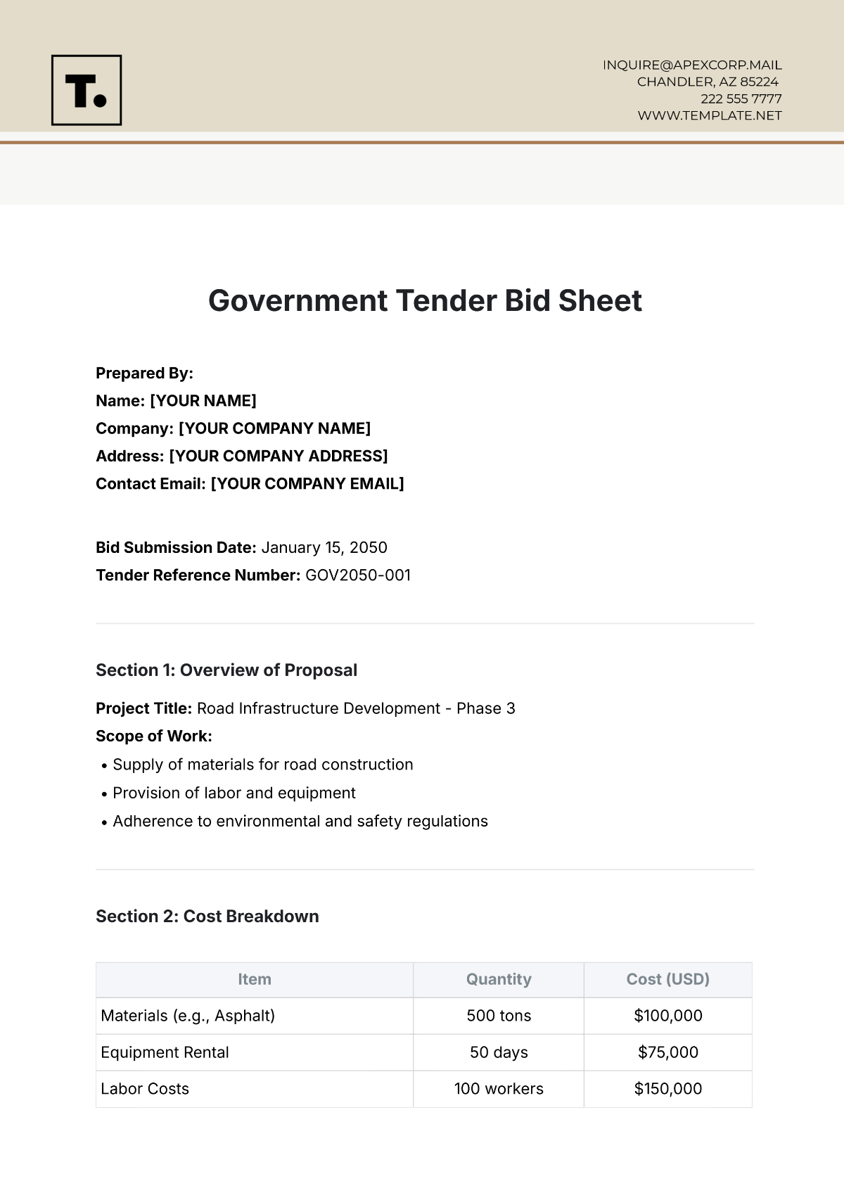 Government Tender Bid Sheet Template - Edit Online & Download