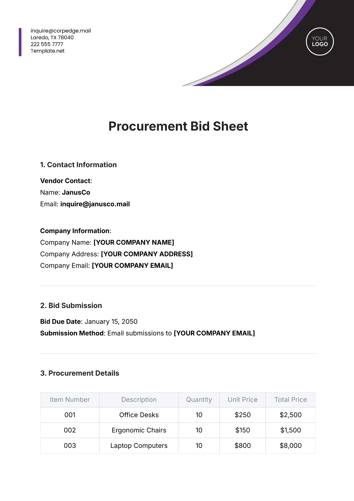 Procurement Bid Sheet Template - Edit Online & Download