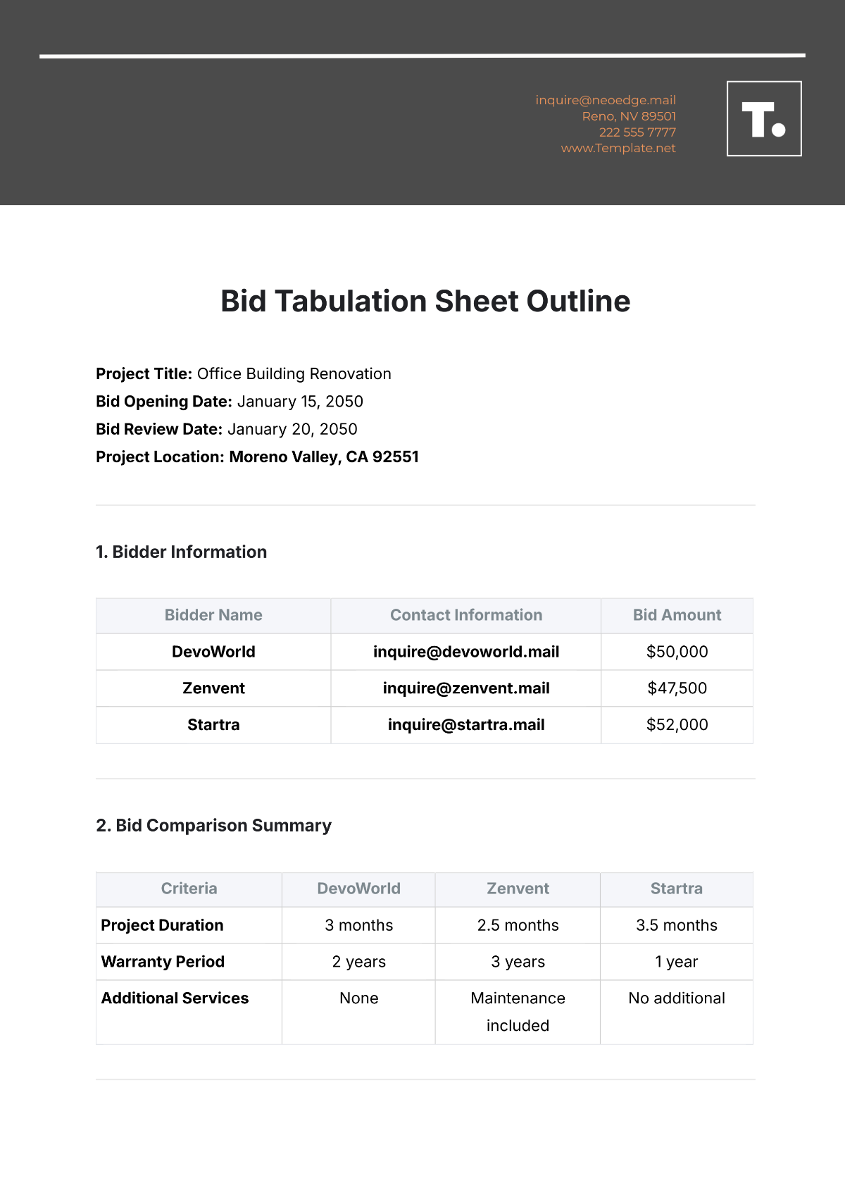 Bid Tabulation Sheet Outline Template - Edit Online & Download