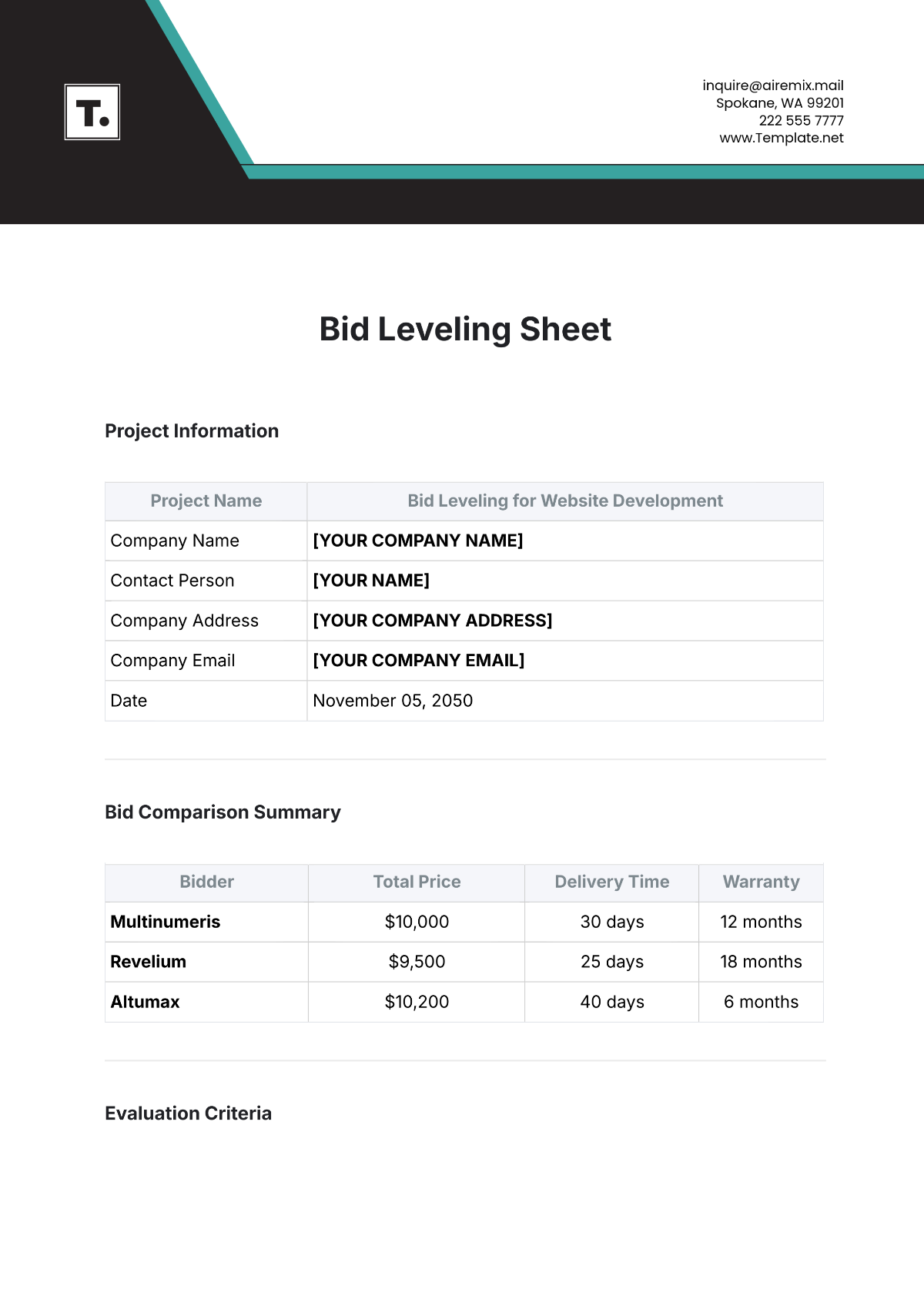 Bid Leveling Sheet Template - Edit Online & Download