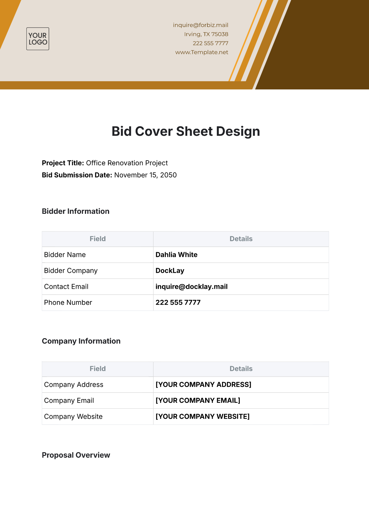 Bid Cover Sheet Design Template - Edit Online & Download