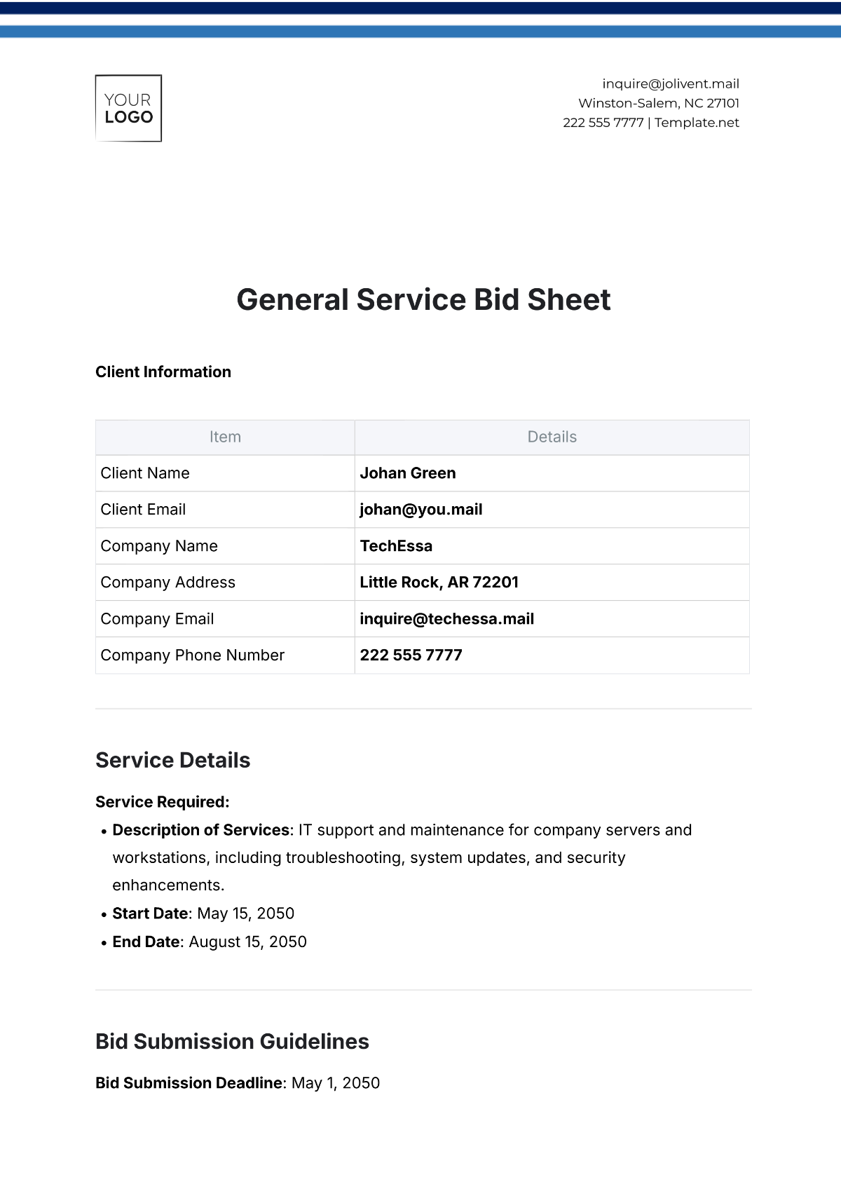 General Service Bid Sheet Template - Edit Online & Download