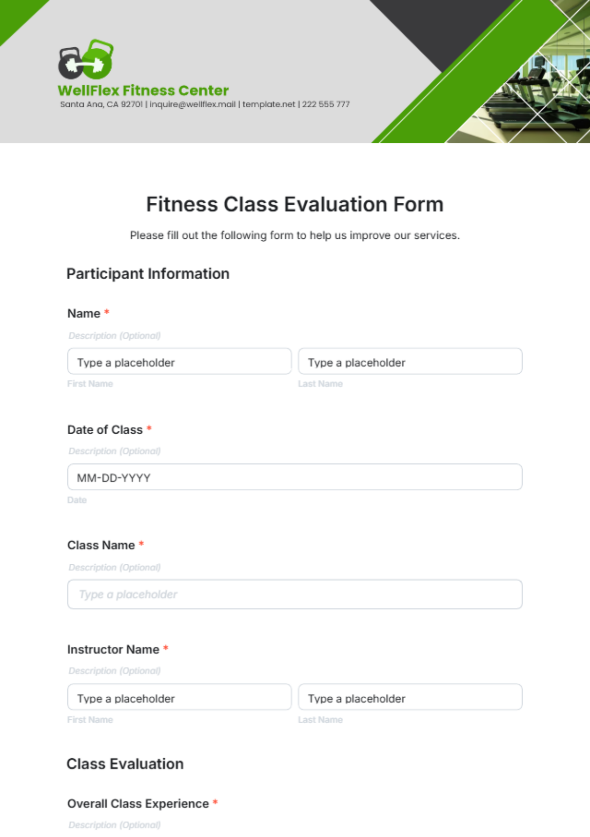 Fitness Class Evaluation Form Template - Edit Online & Download