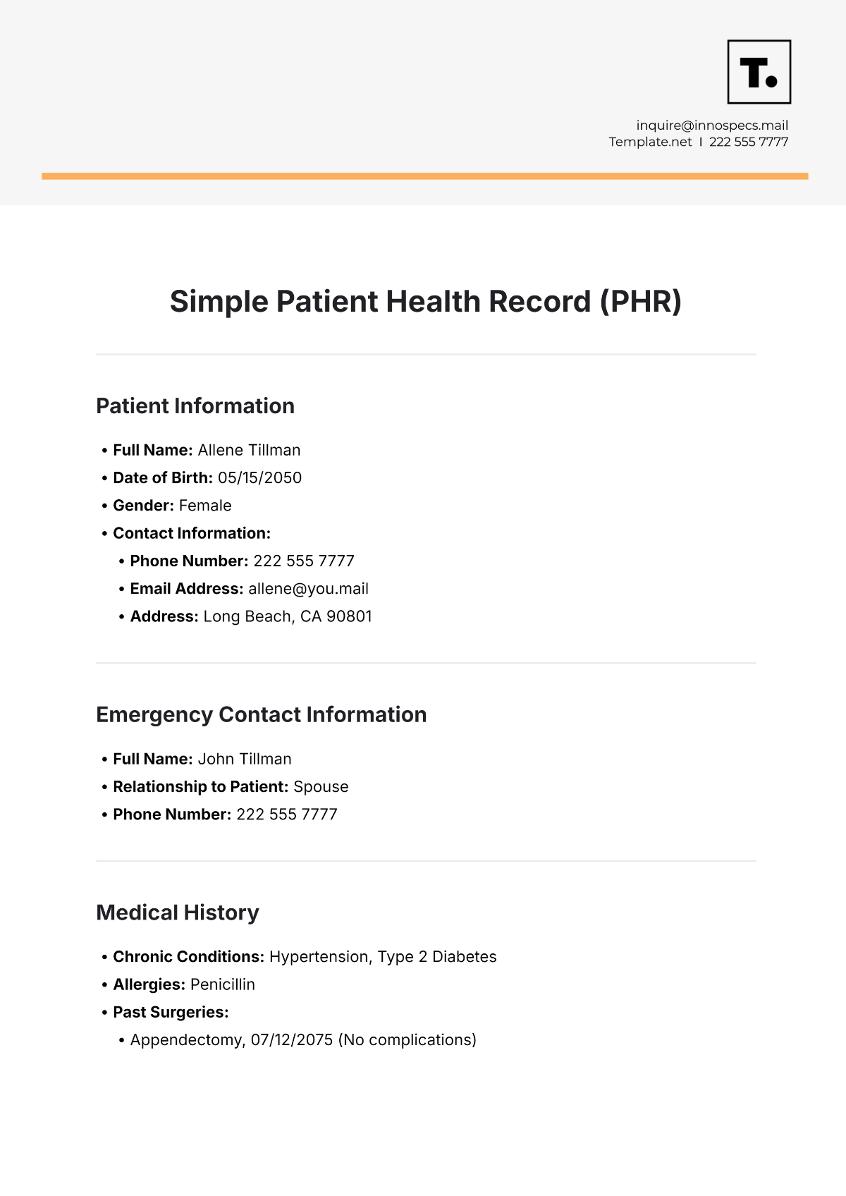 Simple Patient Health Record (PHR) Template - Edit Online & Download