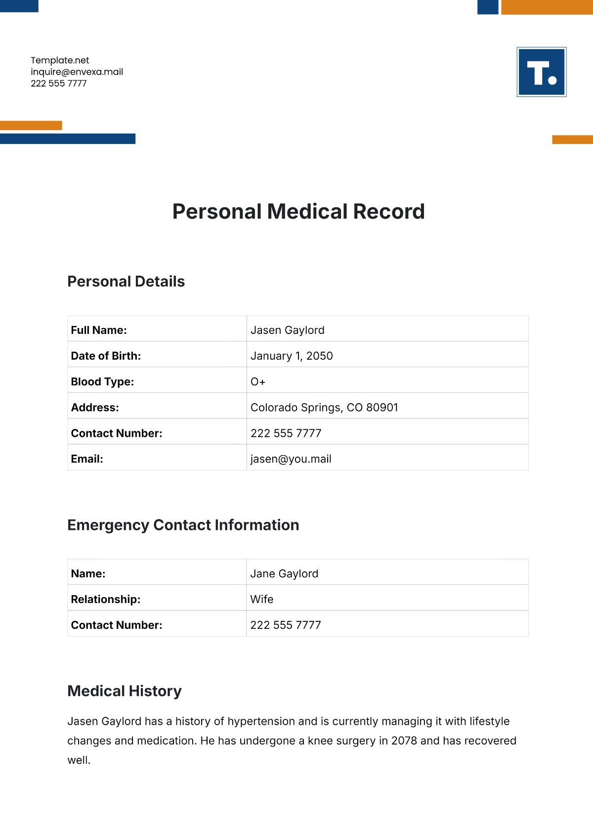 Personal Medical Record Template - Edit Online & Download