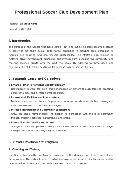 Free Professional Soccer Club Development Plan Template to Edit Online