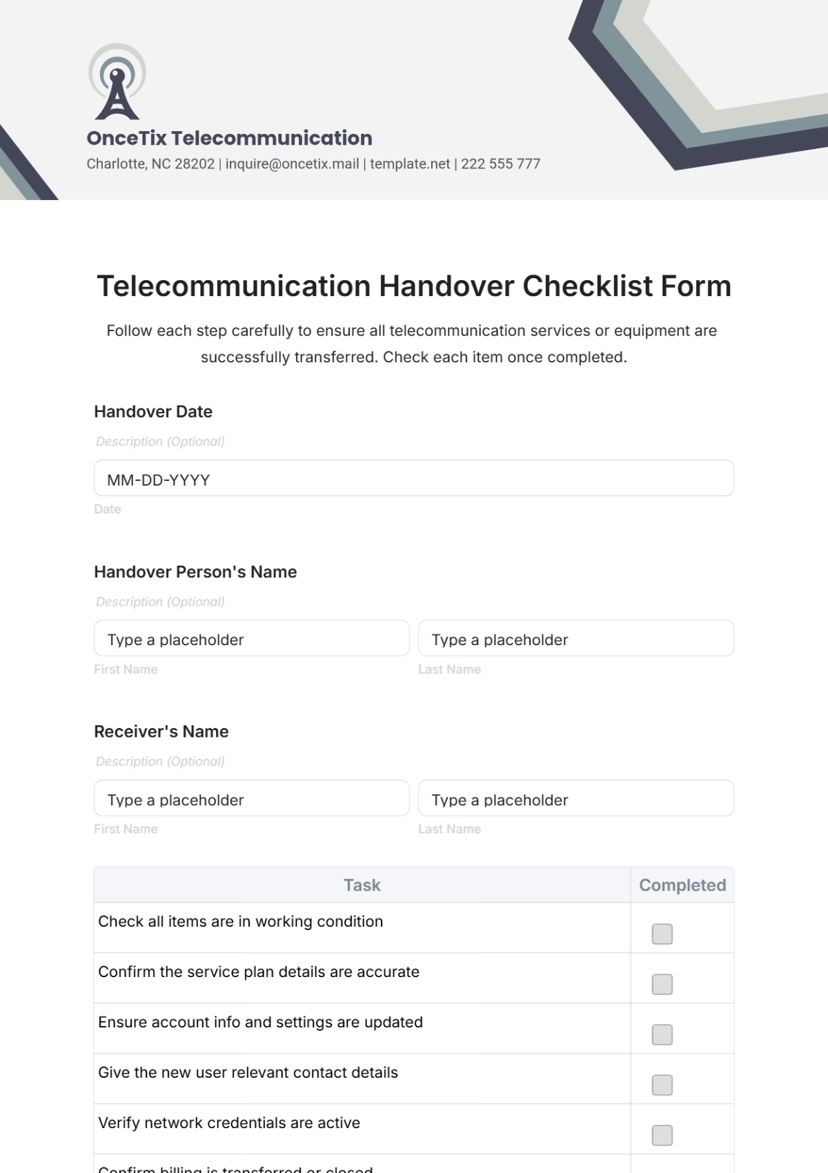 Telecommunication Handover Checklist Form Template - Edit Online & Download