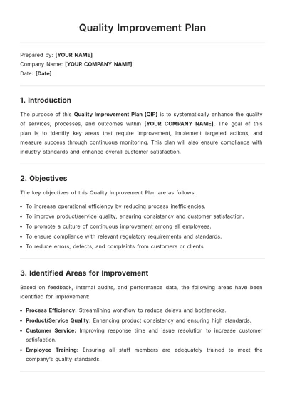 Free Quality Improvement Plan Template to Edit Online