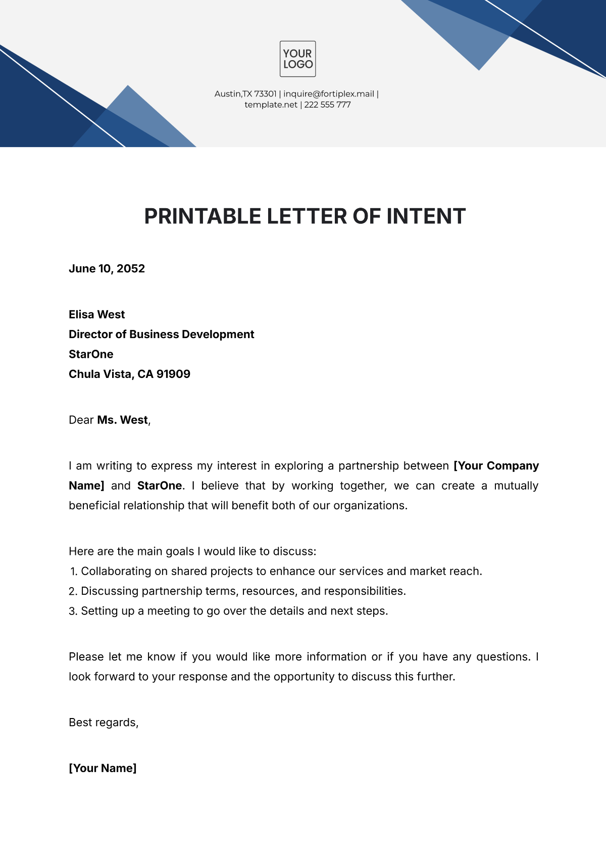 Printable Letter of Intent Template - Edit Online & Download