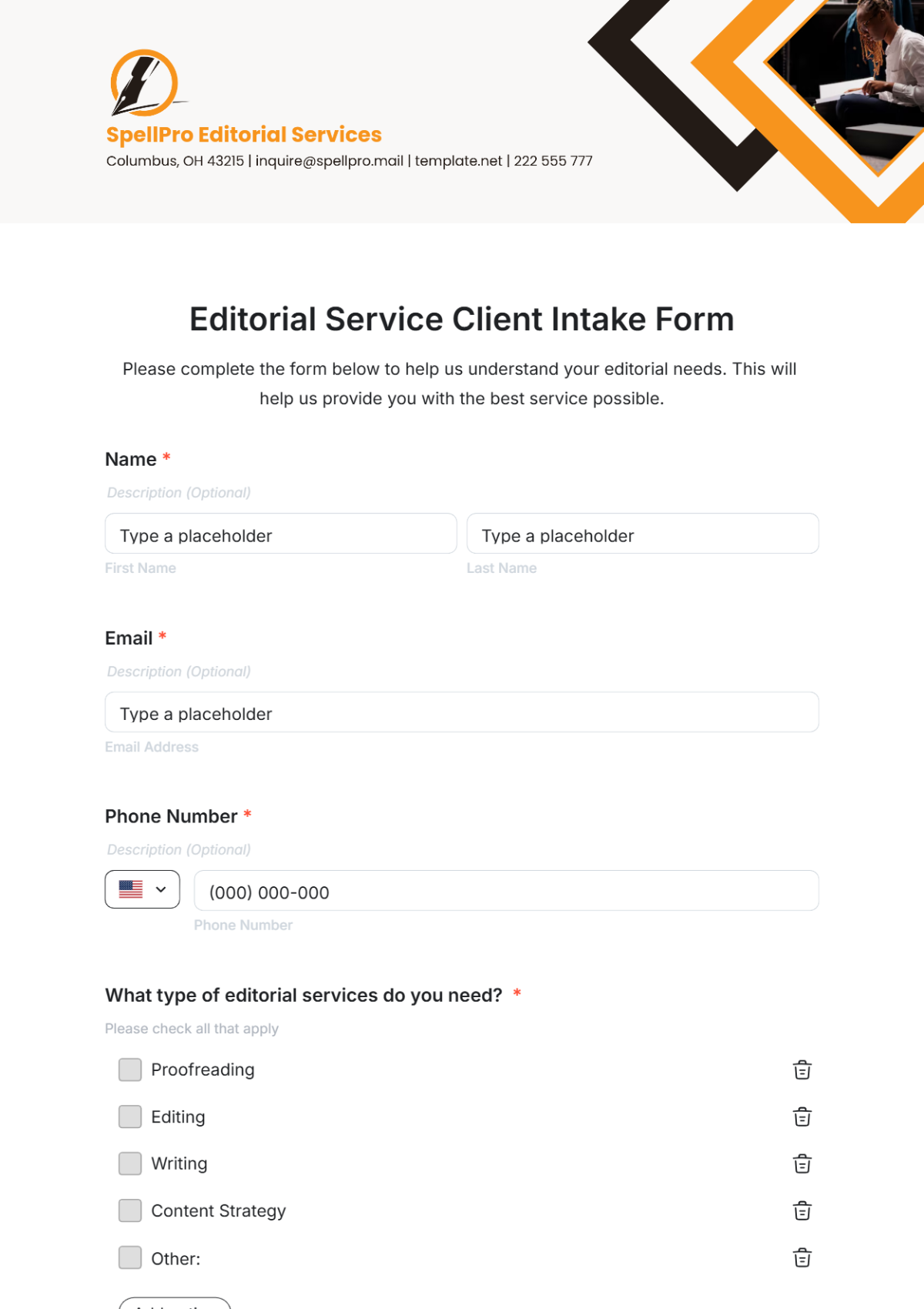 Editorial Service Client Intake Form Template - Edit Online & Download