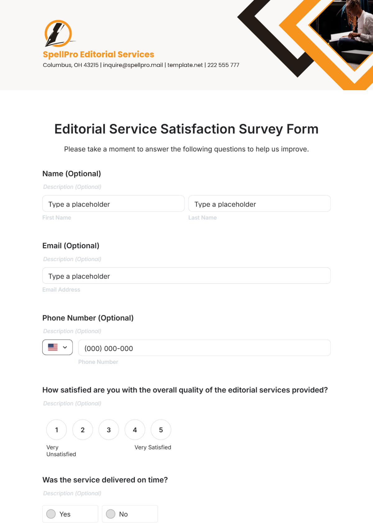 Editorial Service Satisfaction Survey Form Template - Edit Online & Download