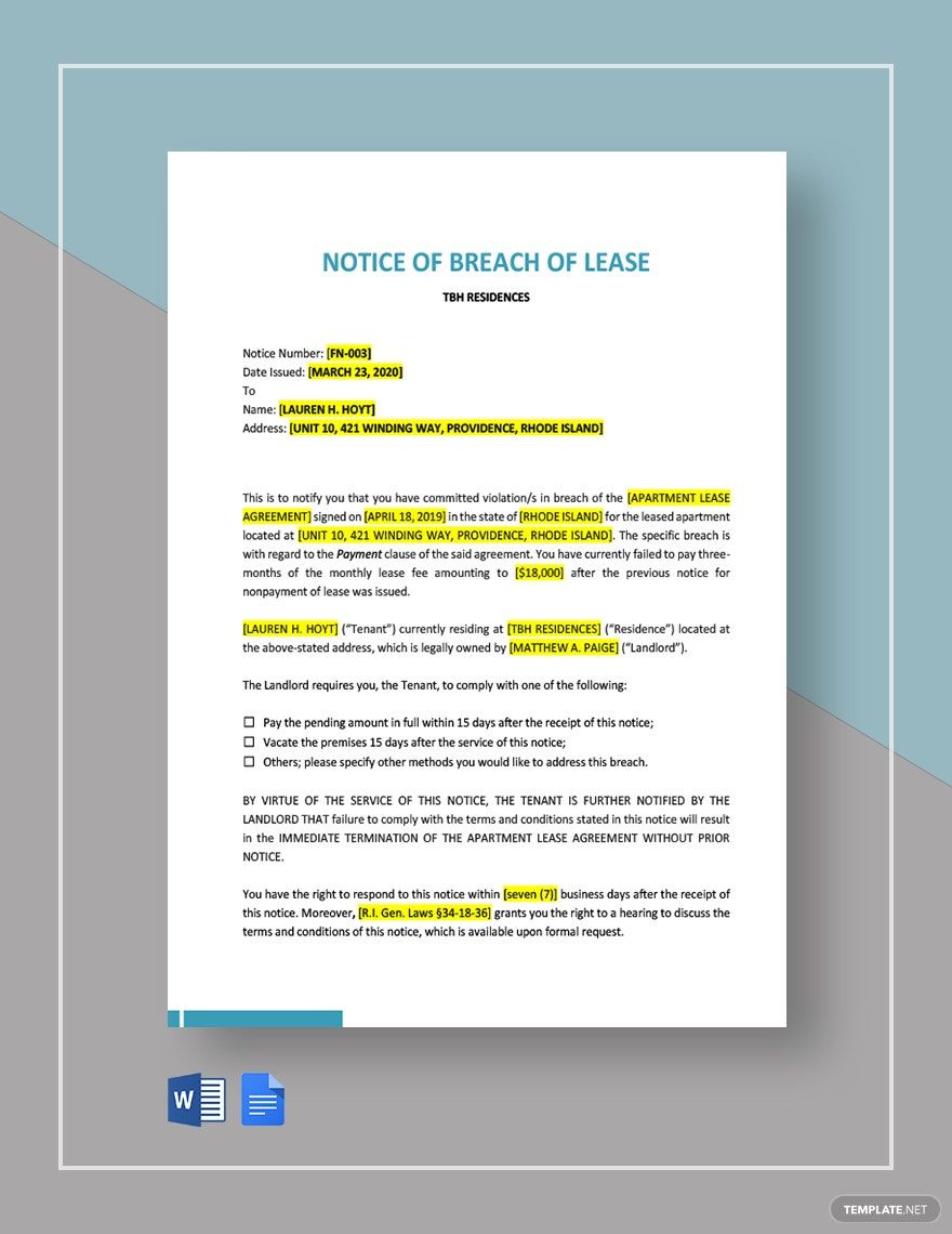 Notice of Breach of Lease Template in Word Google Docs Download