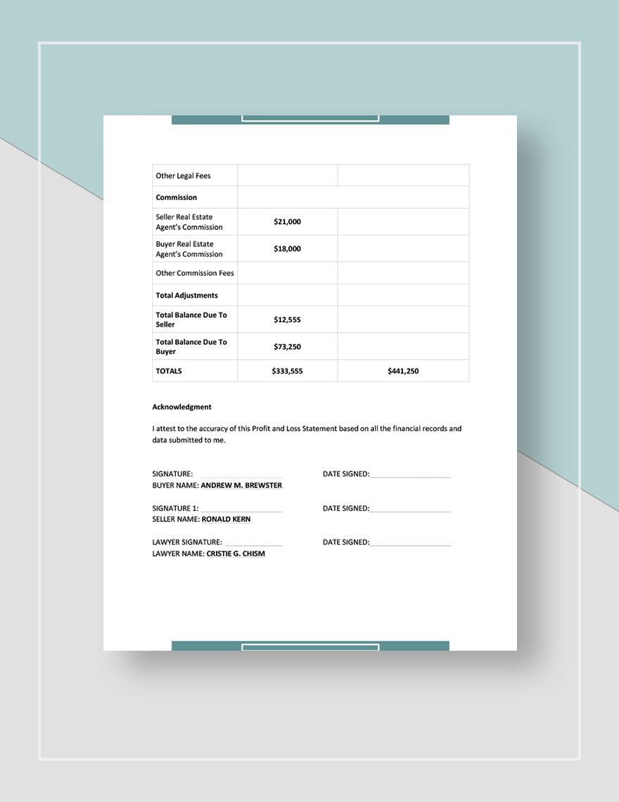 Real Estate Settlement Statement Template