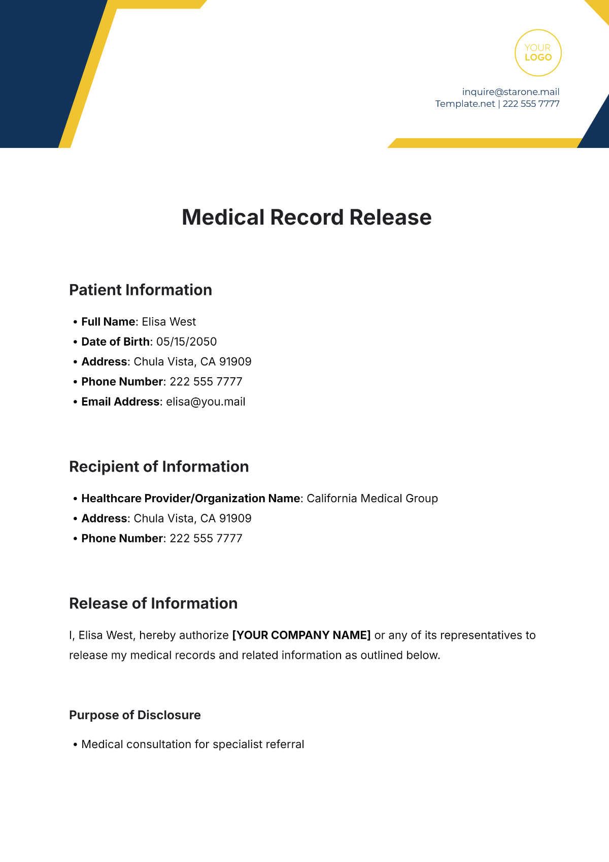 Medical Record Release Template - Edit Online & Download