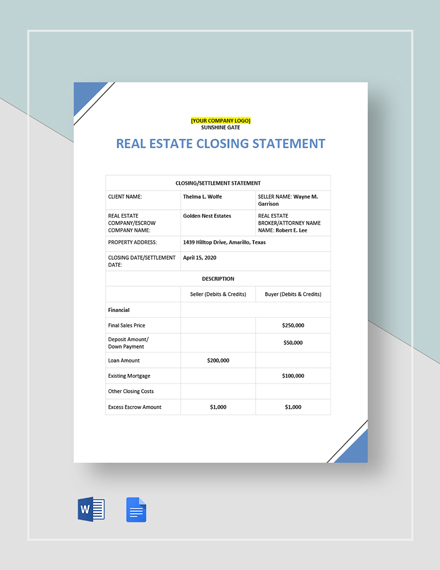 Real Estate Closing Statement Template Google Docs Word Template